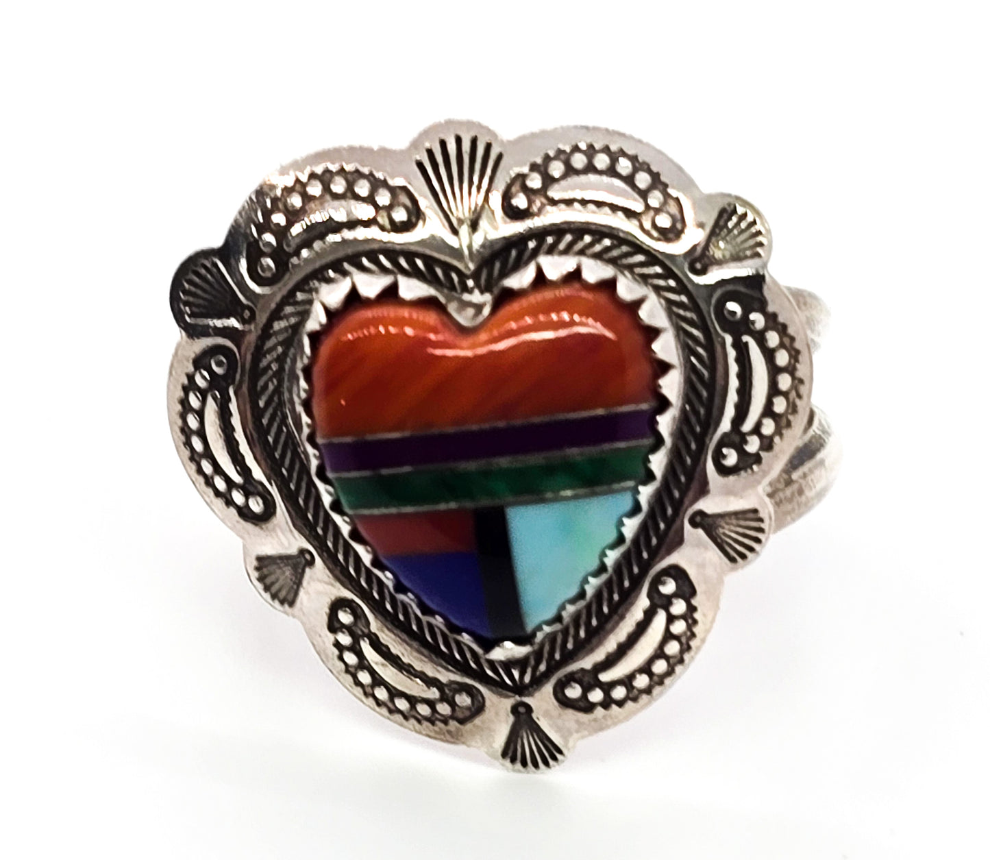 QT Inlay Zuni heart Native American vintage sterling silver concho ring size 6