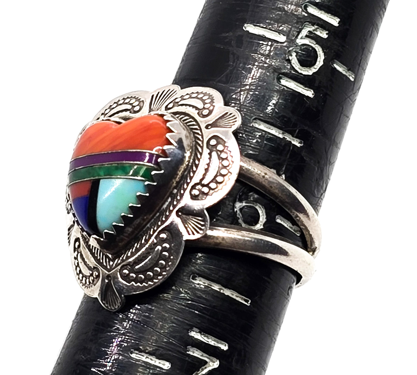 QT Inlay Zuni heart Native American vintage sterling silver concho ring size 6