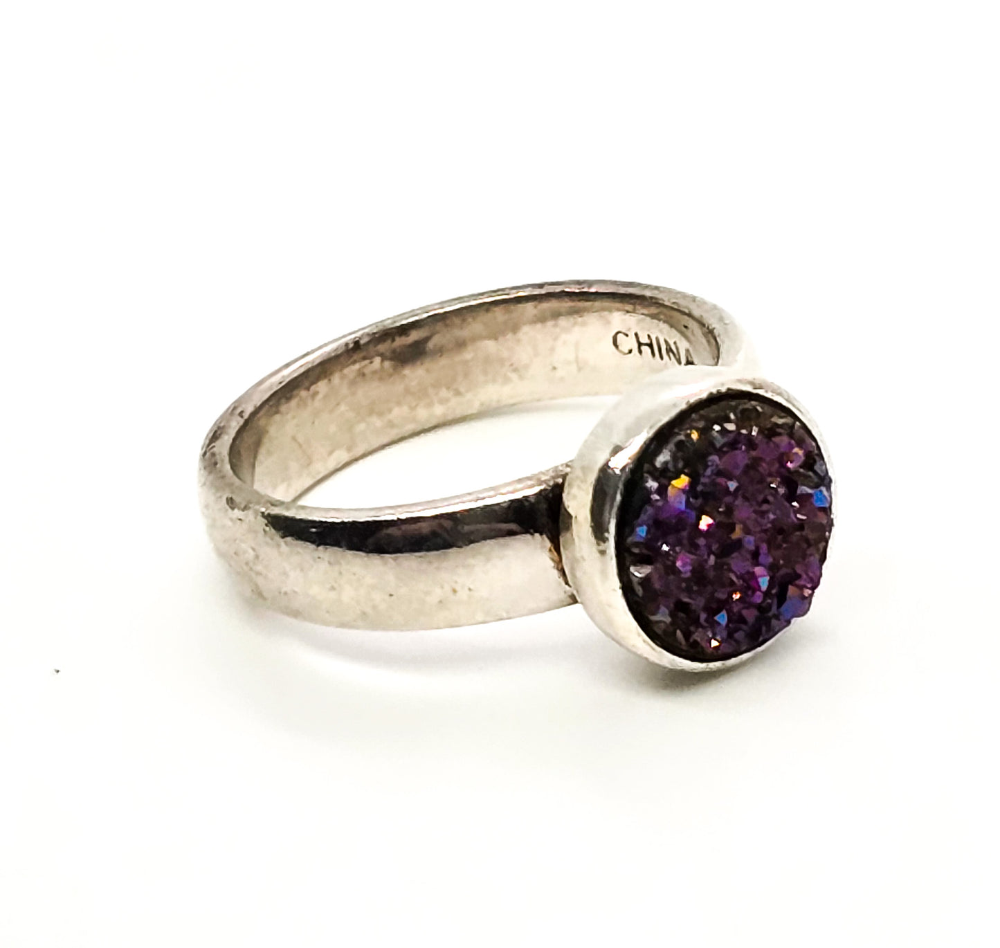 Purple Druzy Titanium Aura Quartz large sterling silver split shank ring size 5