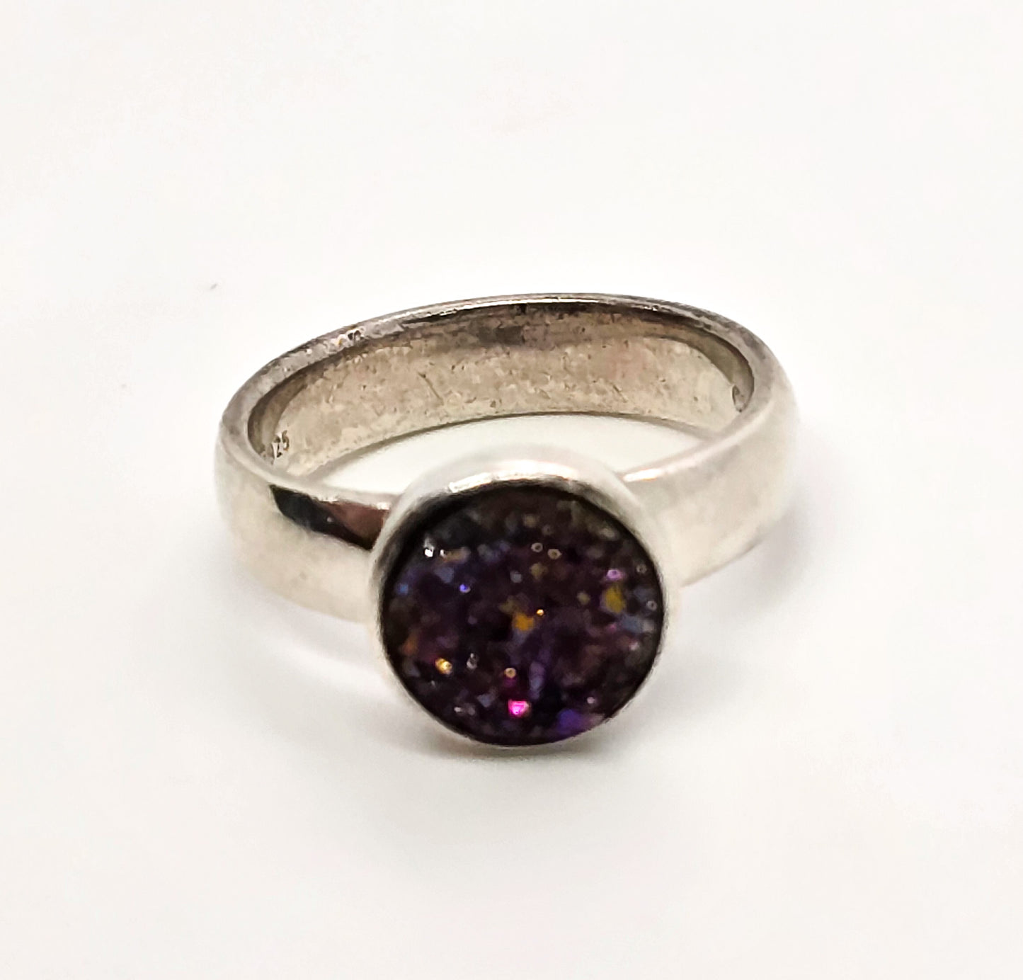 Purple Druzy Titanium Aura Quartz large sterling silver split shank ring size 5