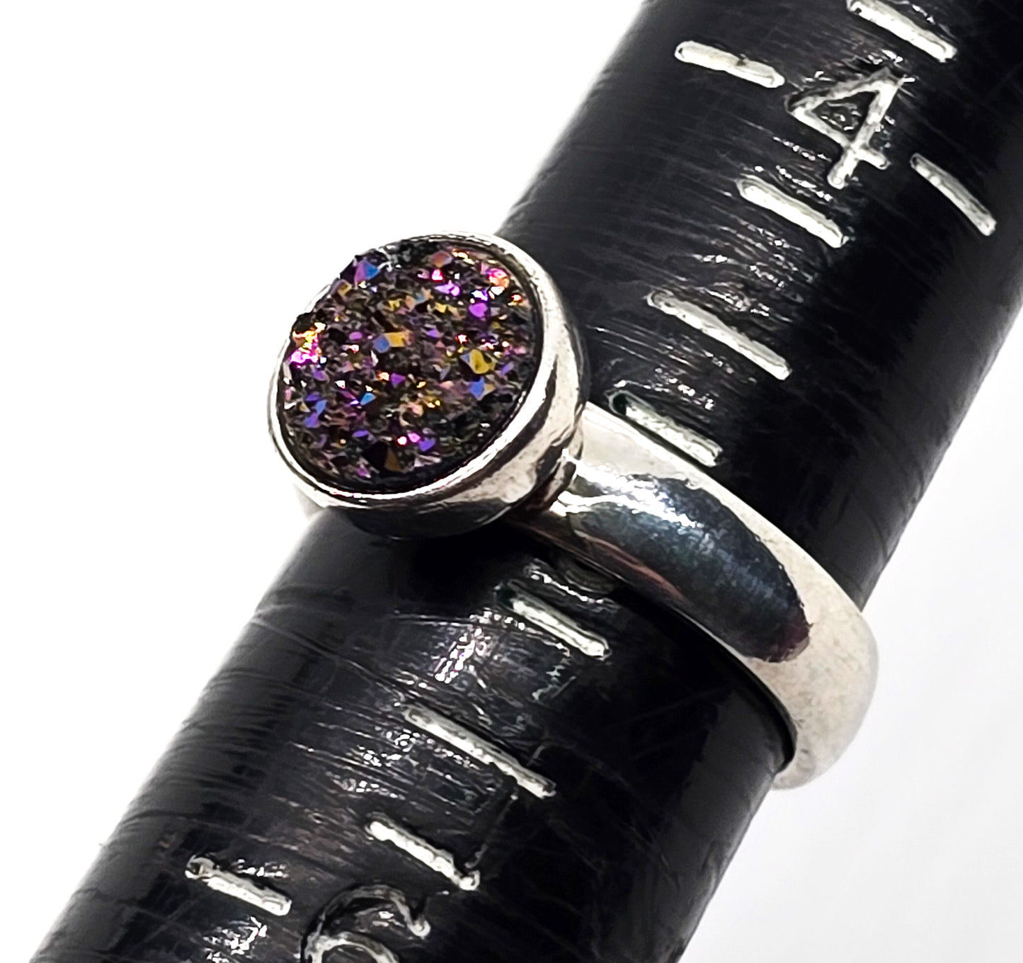 Purple Druzy Titanium Aura Quartz large sterling silver split shank ring size 5