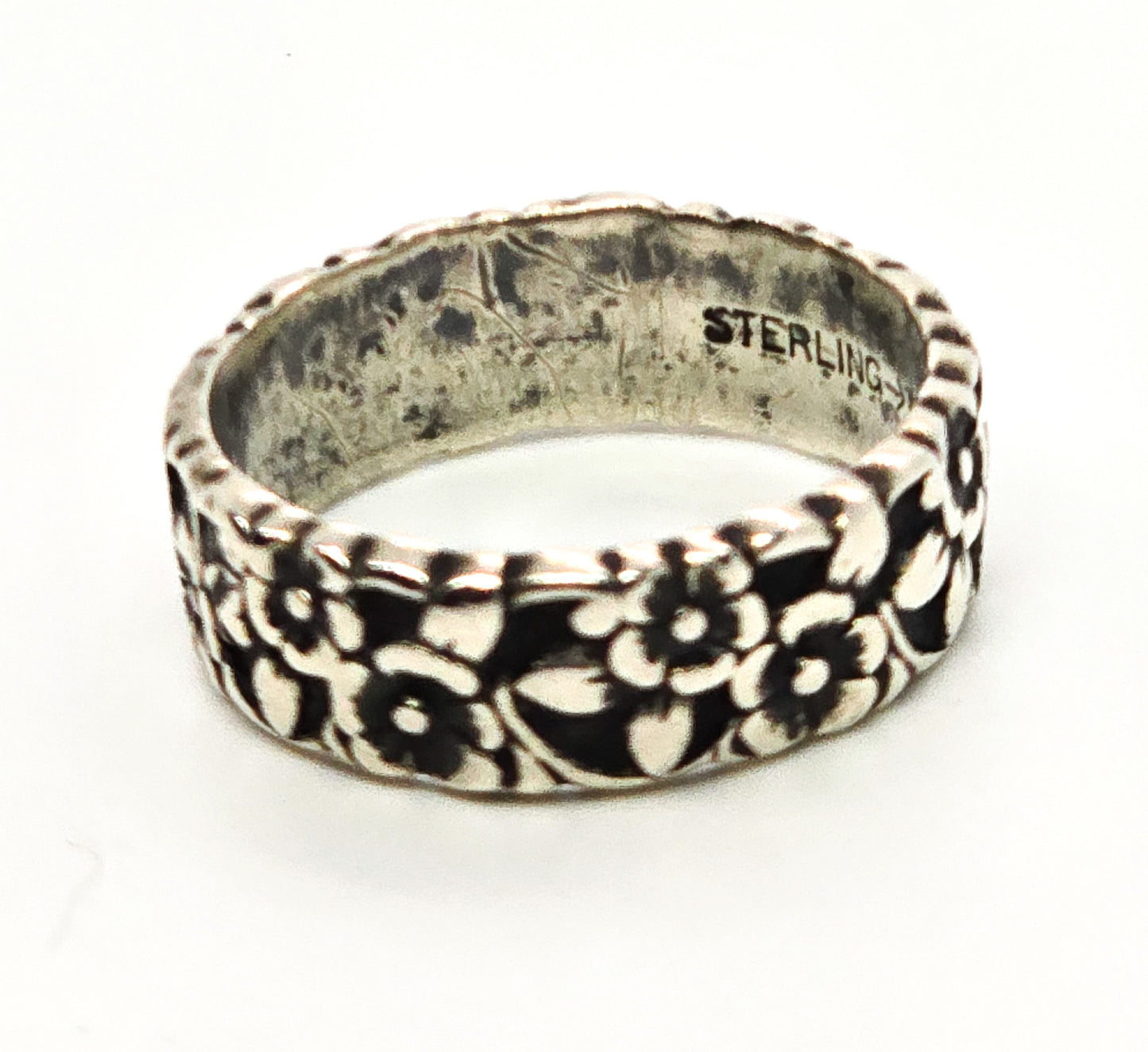 Uncas Forget me not antique flower embossed sterling silver sweetheart ring band size 7