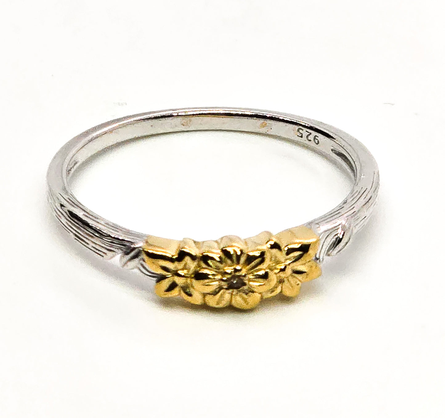 Sterling silver and 14k gold Flower Stacking Ring with Cognac Diamond size 10