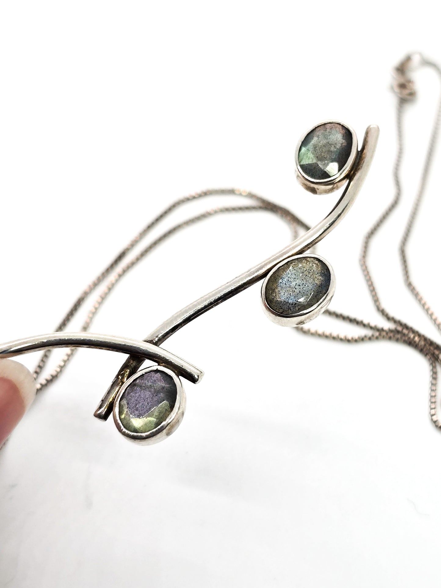 Labradorite three stone flashy rainbow gemstone sterling silver pendant necklace