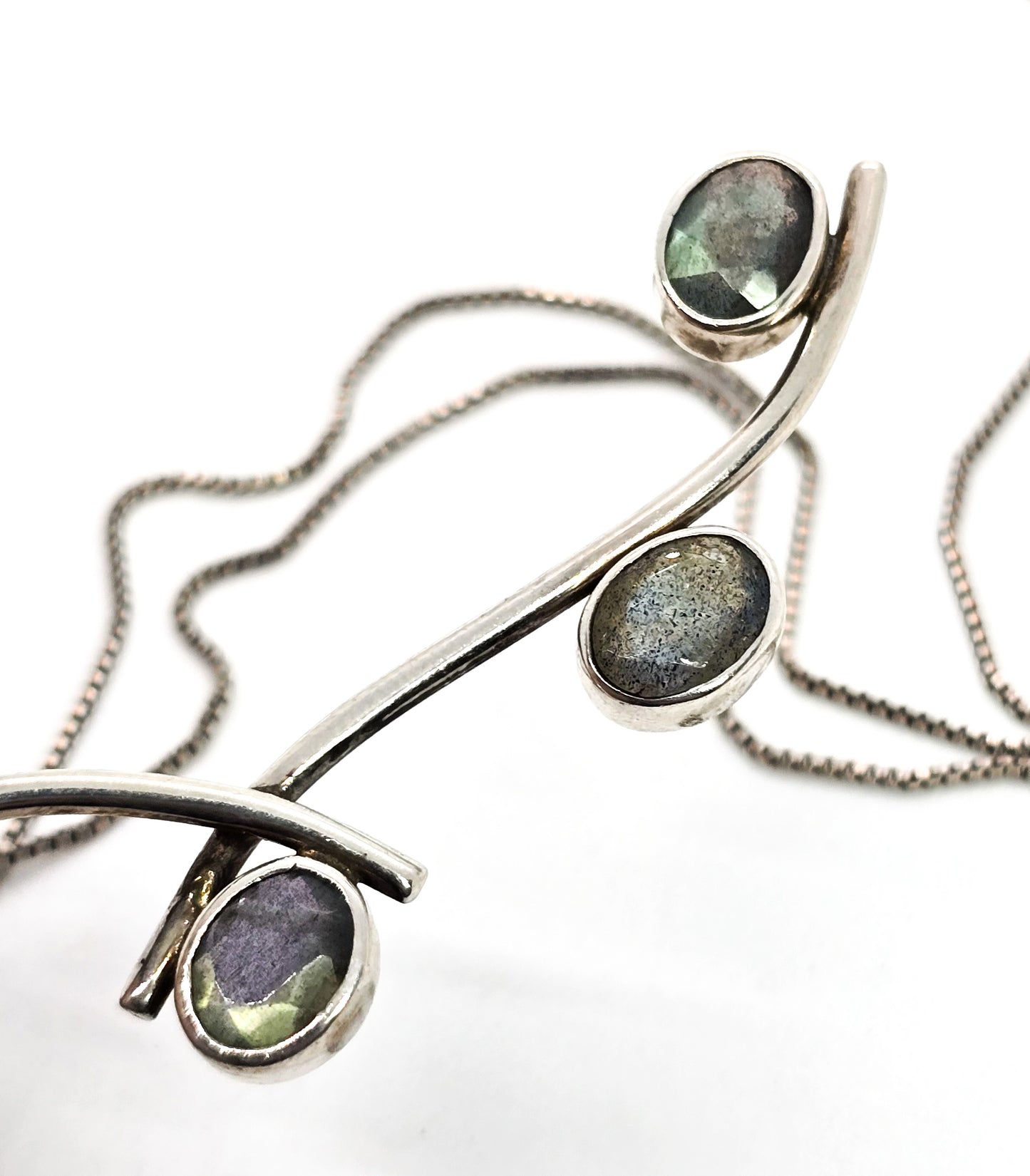 Labradorite three stone flashy rainbow gemstone sterling silver pendant necklace