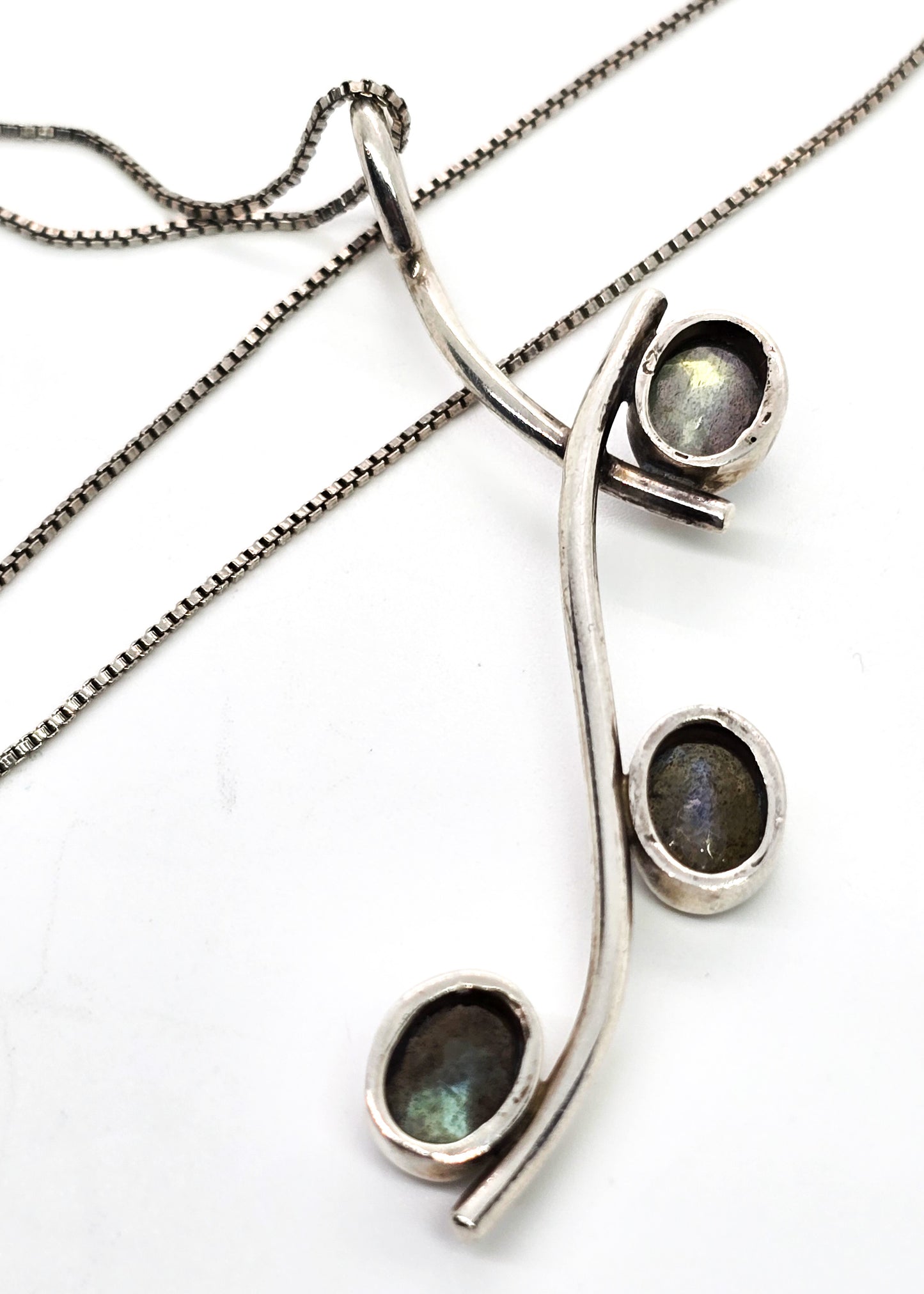 Labradorite three stone flashy rainbow gemstone sterling silver pendant necklace