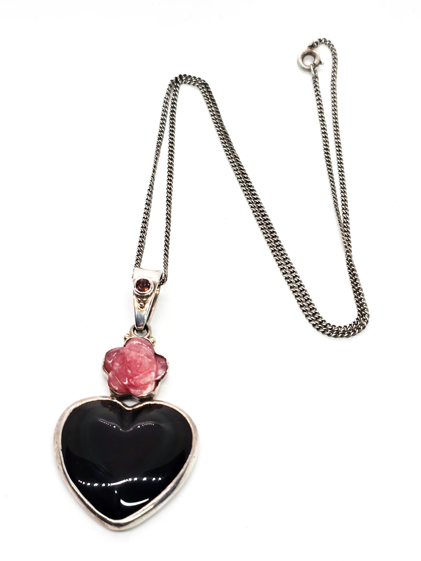 Sajen Rainbow Obsidian Heart Rhodochrosite flower sterling silver pendant necklace