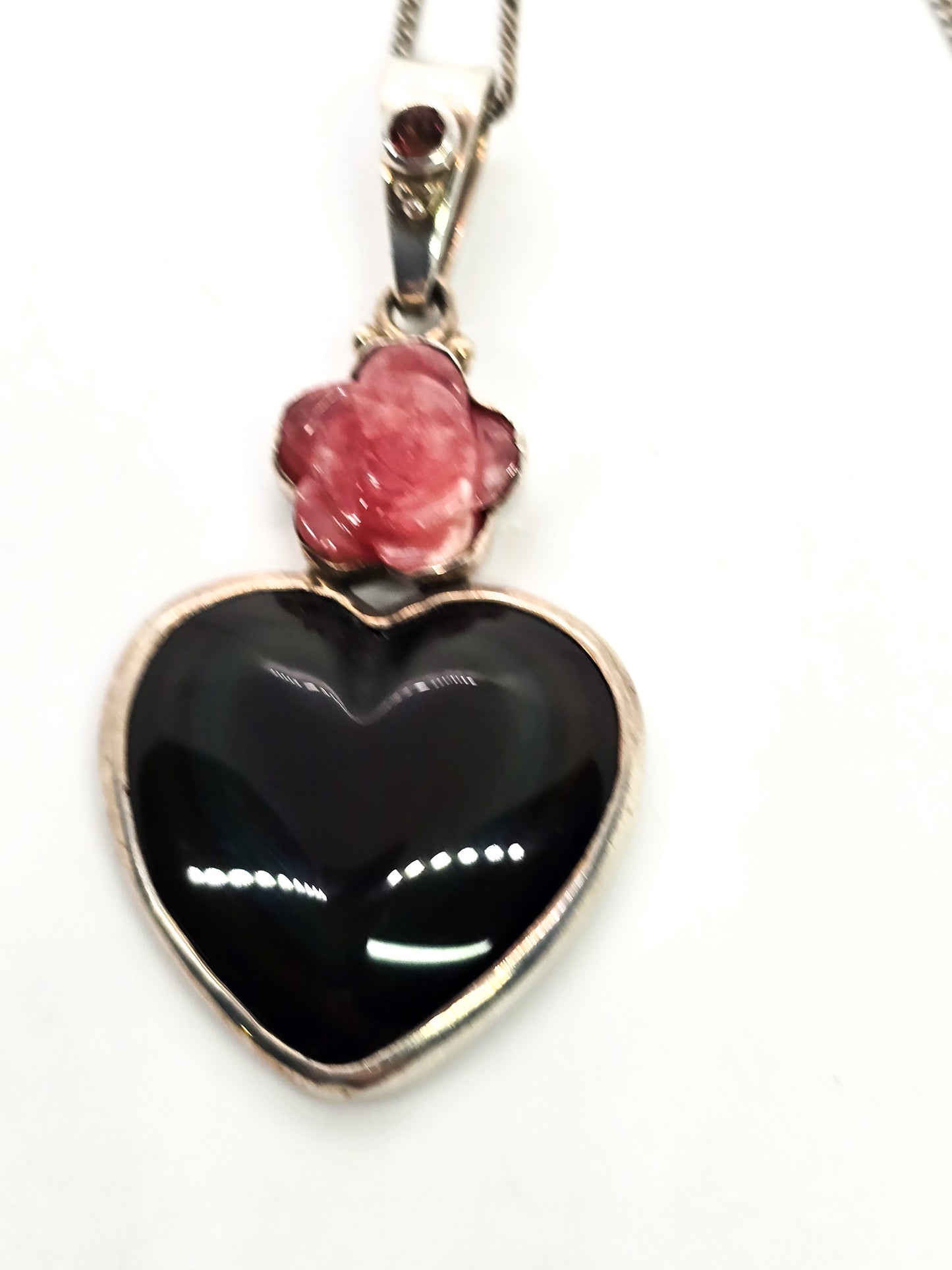 Sajen Rainbow Obsidian Heart Rhodochrosite flower sterling silver pendant necklace