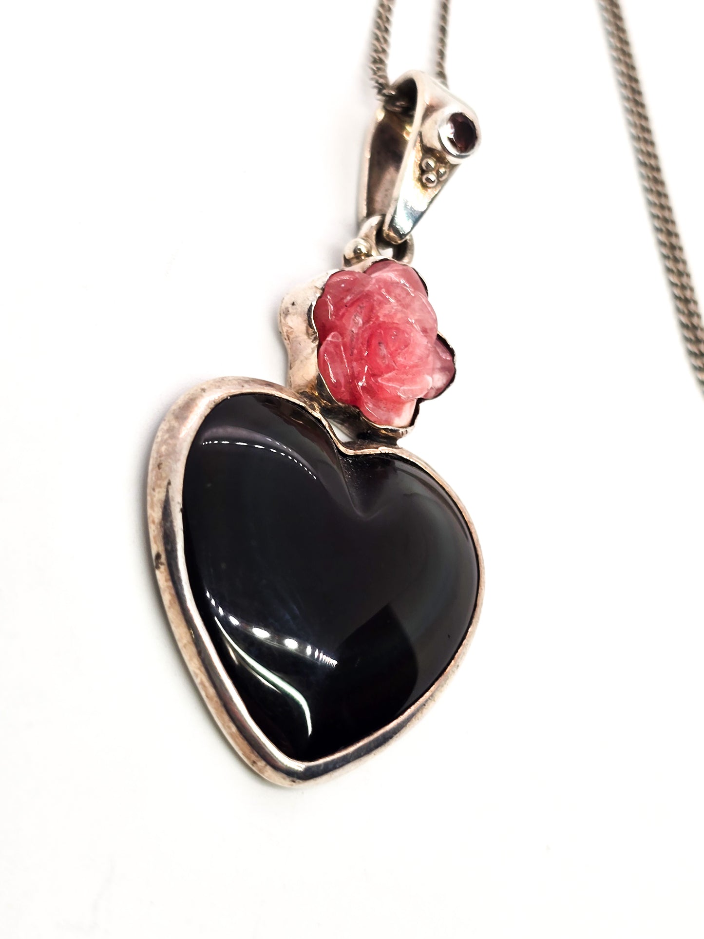 Sajen Rainbow Obsidian Heart Rhodochrosite flower sterling silver pendant necklace