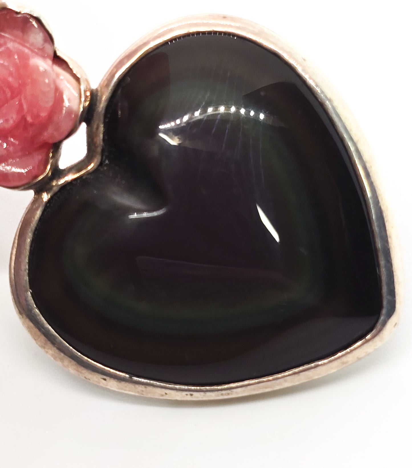 Sajen Rainbow Obsidian Heart Rhodochrosite flower sterling silver pendant necklace