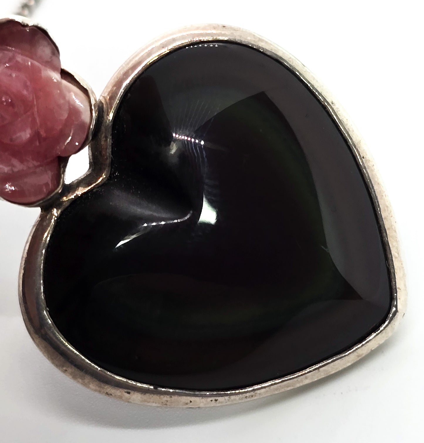 Sajen Rainbow Obsidian Heart Rhodochrosite flower sterling silver pendant necklace