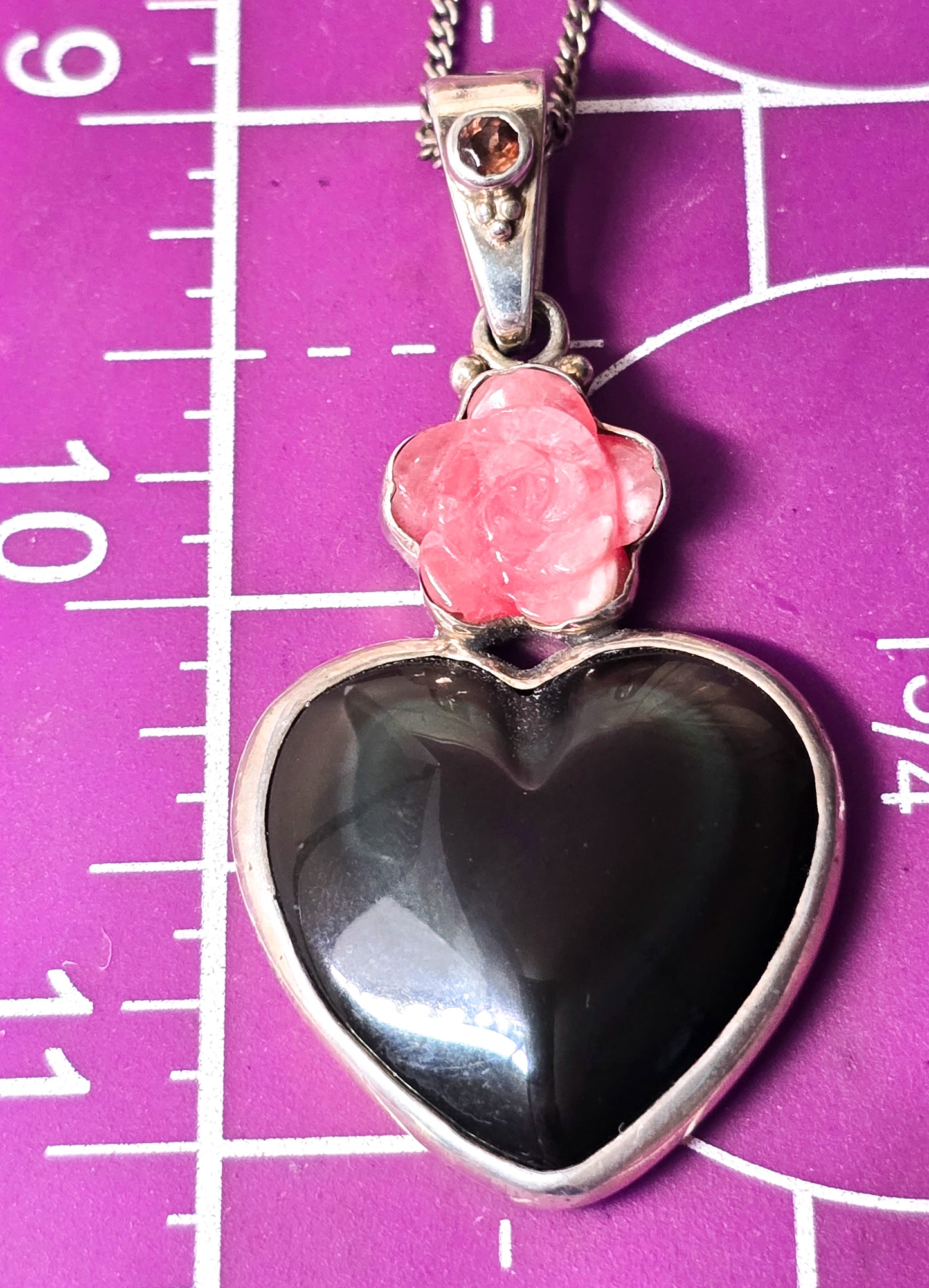 Sajen Rainbow Obsidian Heart Rhodochrosite flower sterling silver pendant necklace