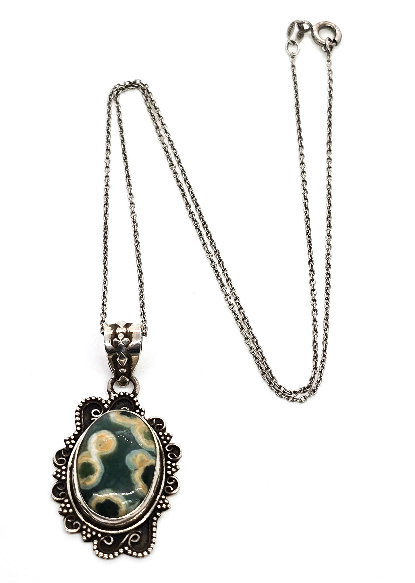 Ocean Jasper gemstone Balinese tribal vintage sterling silver pendant necklace