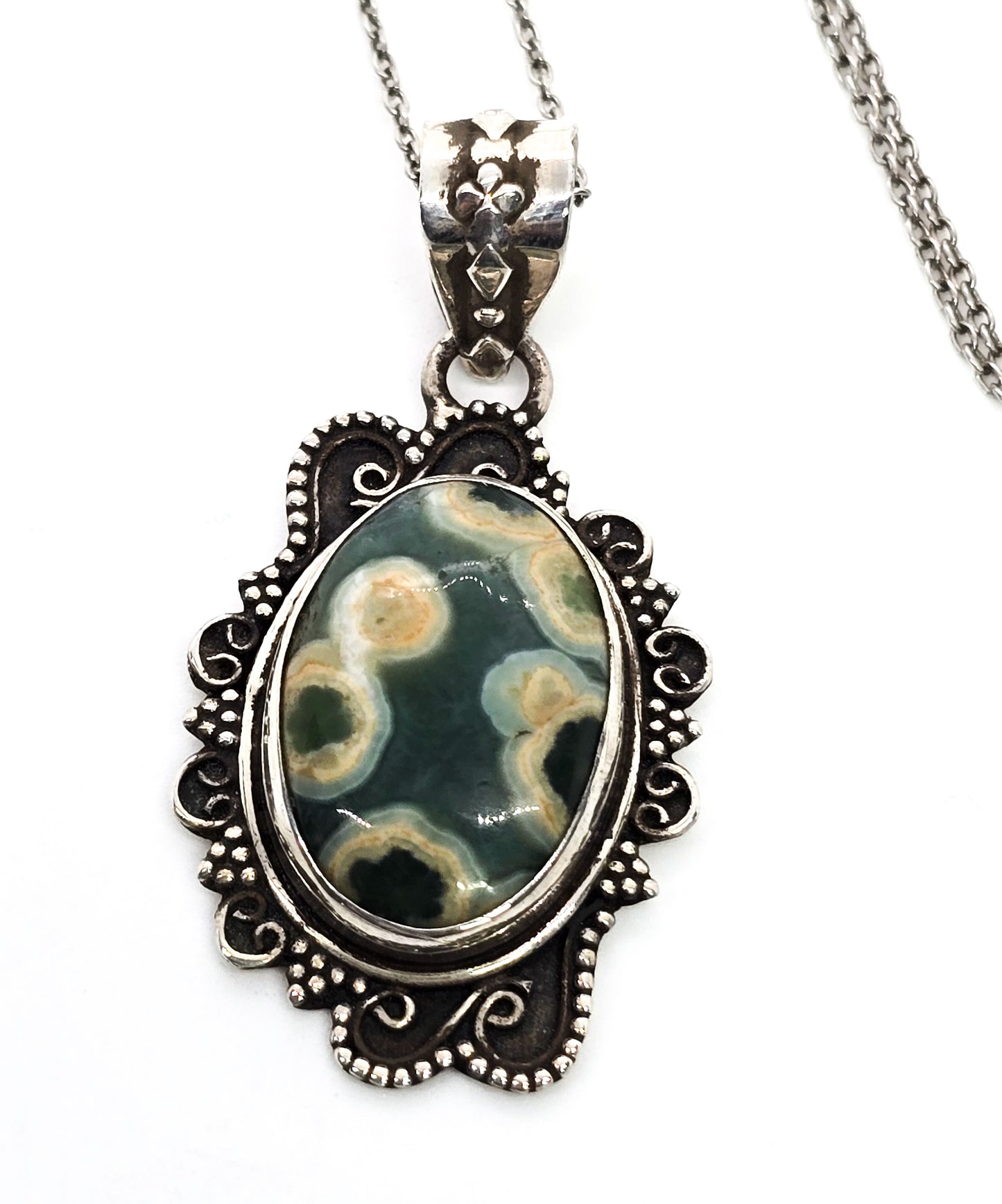 Ocean Jasper gemstone Balinese tribal vintage sterling silver pendant necklace