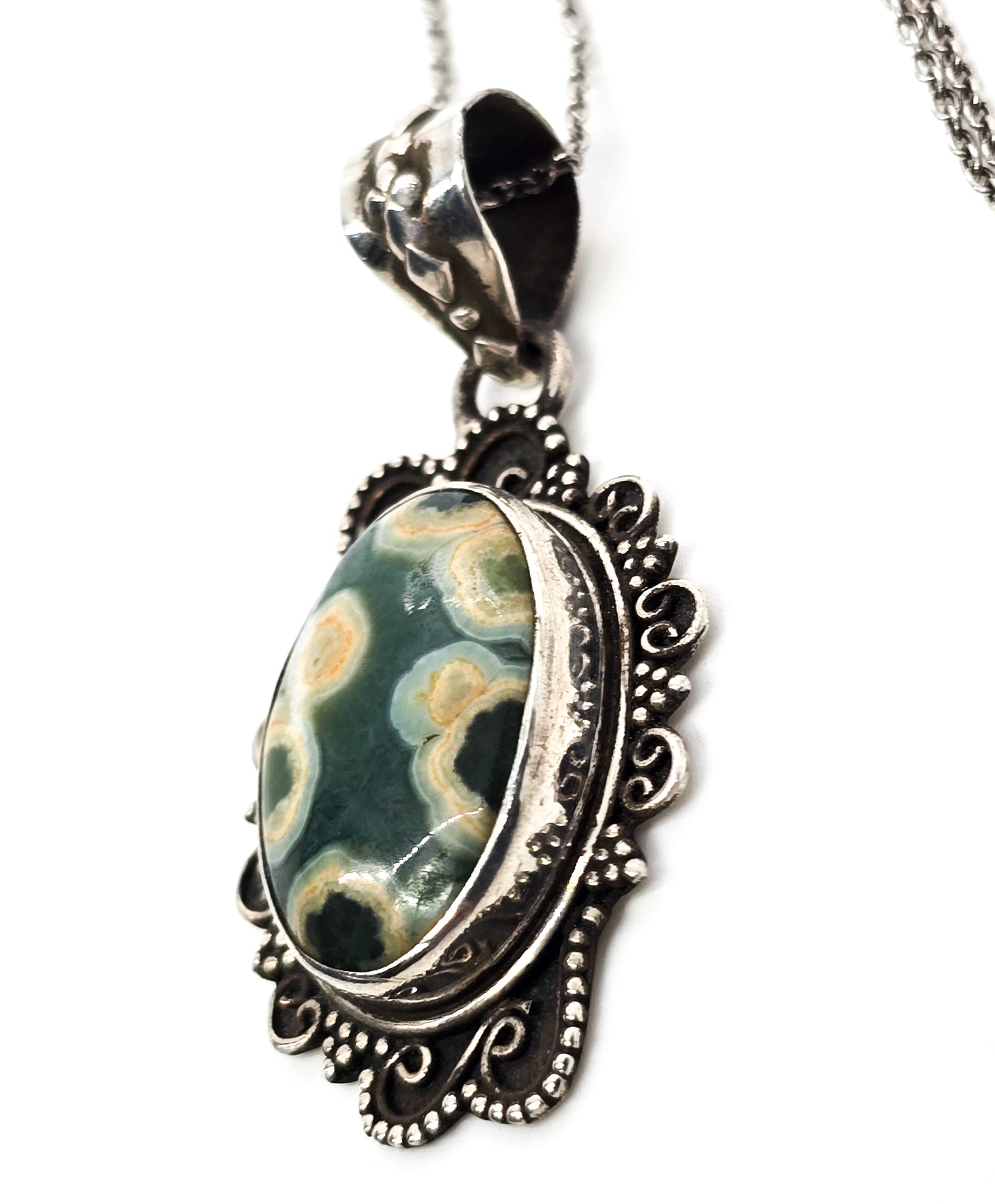 Ocean Jasper gemstone Balinese tribal vintage sterling silver pendant necklace