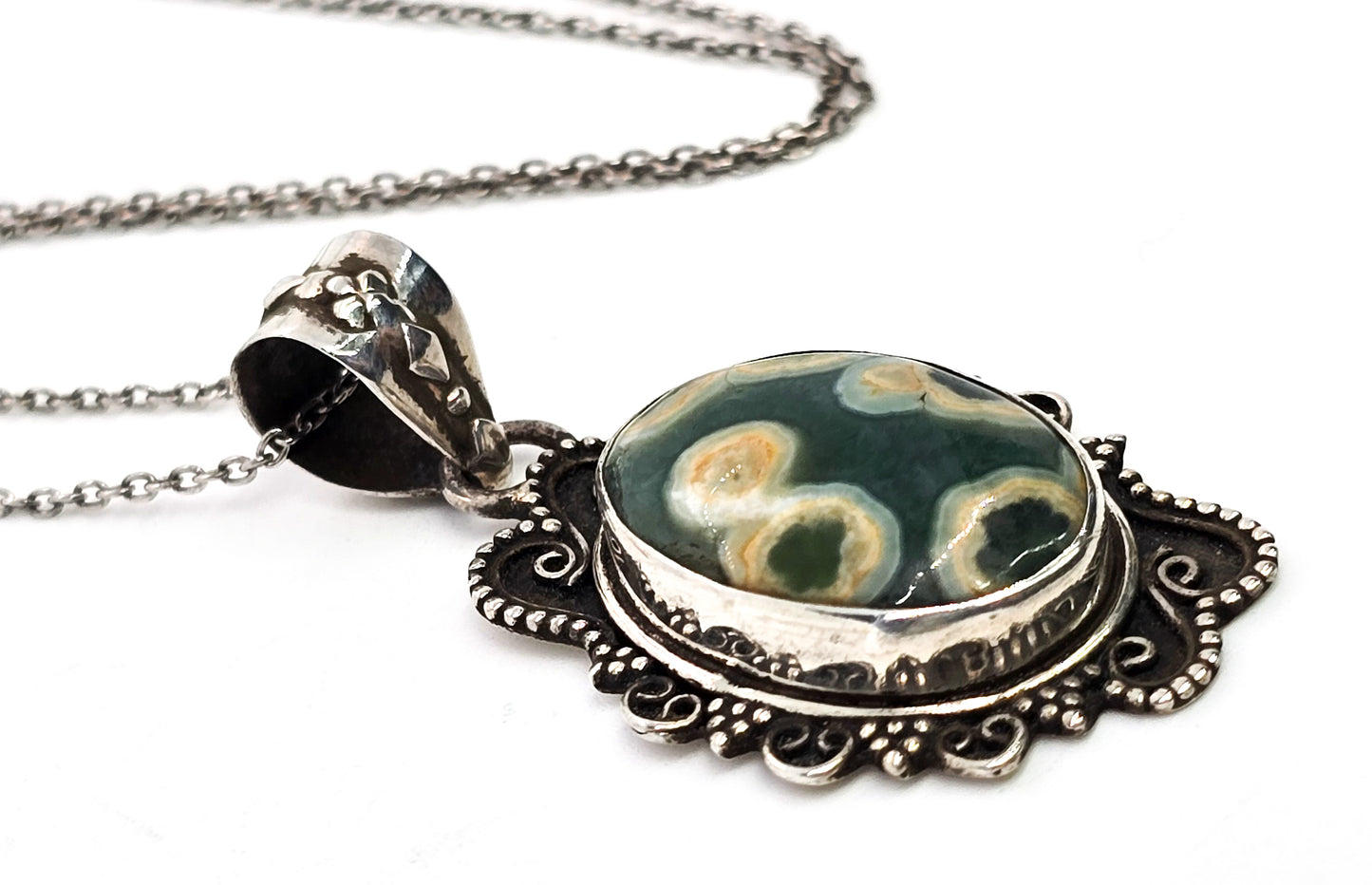 Ocean Jasper gemstone Balinese tribal vintage sterling silver pendant necklace