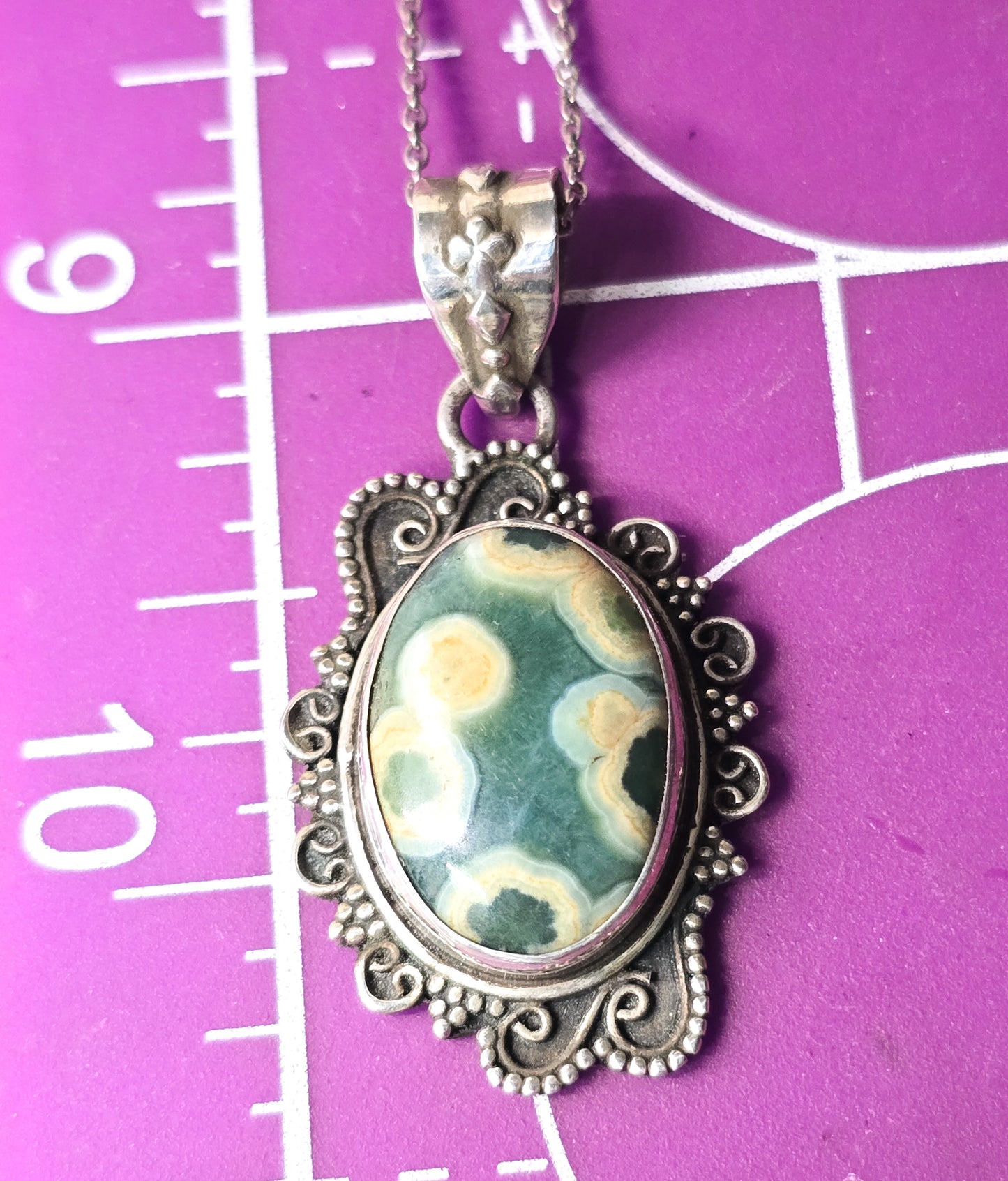 Ocean Jasper gemstone Balinese tribal vintage sterling silver pendant necklace