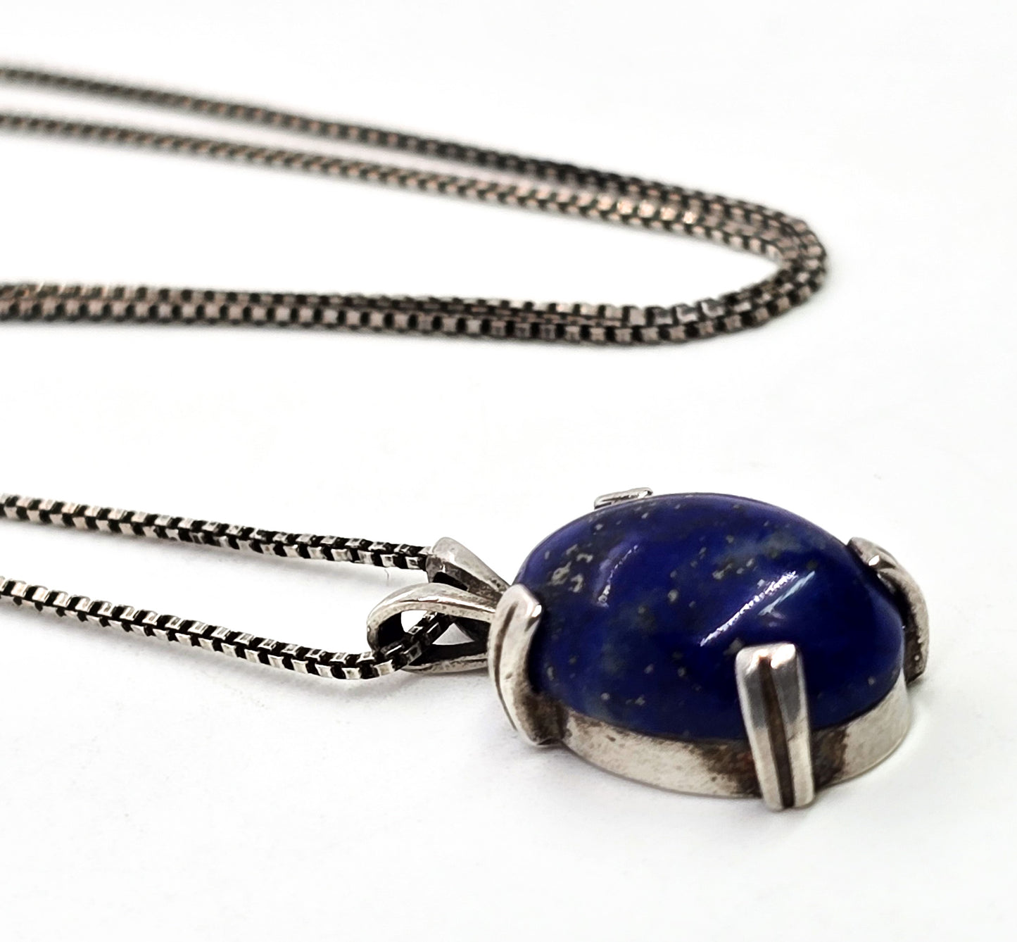 Lapis Lazuli cab small petite sterling silver vintage pendant necklace