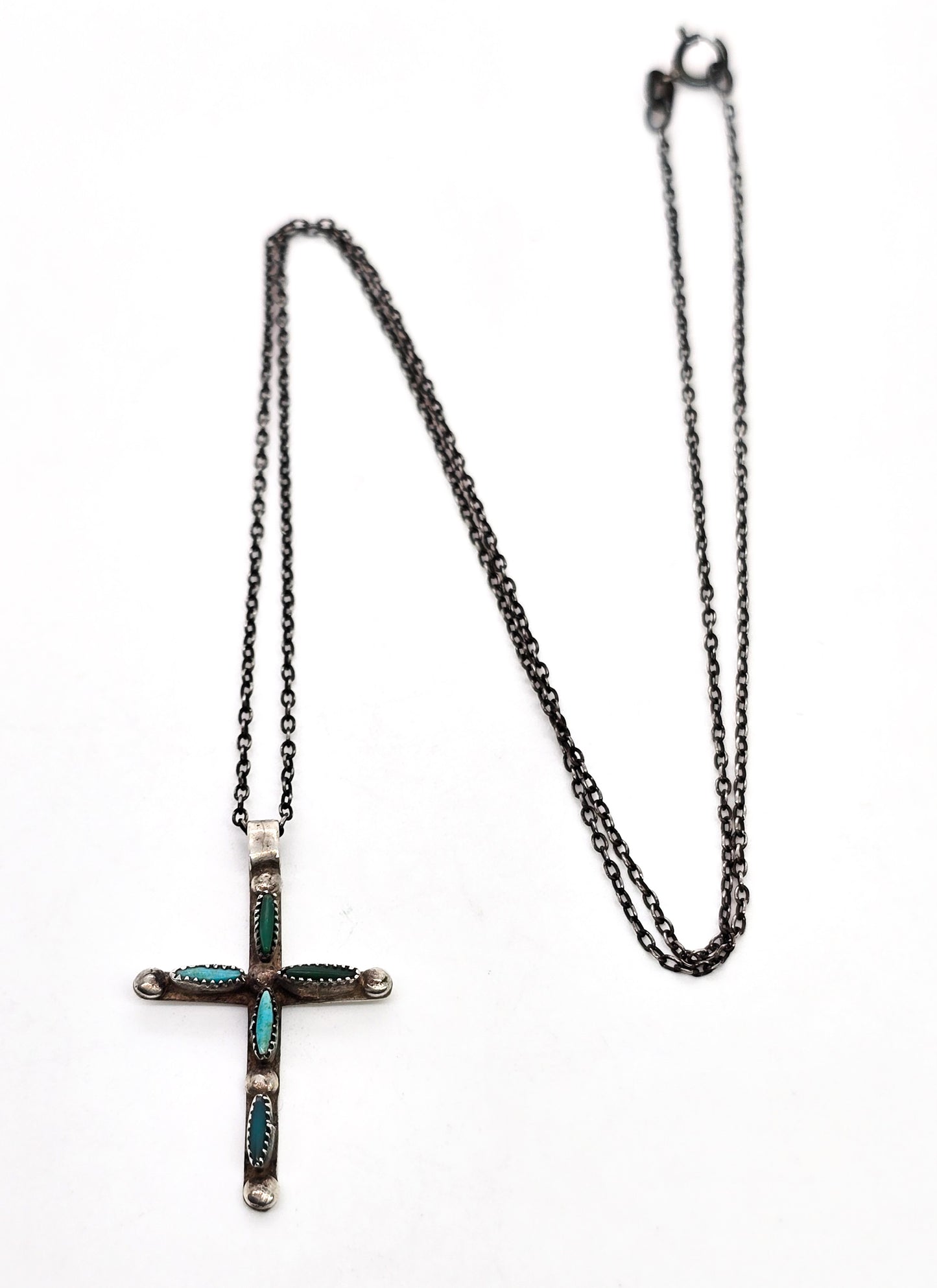 Native American Zuni petite point small sterling silver vintage handcrafted cross necklace