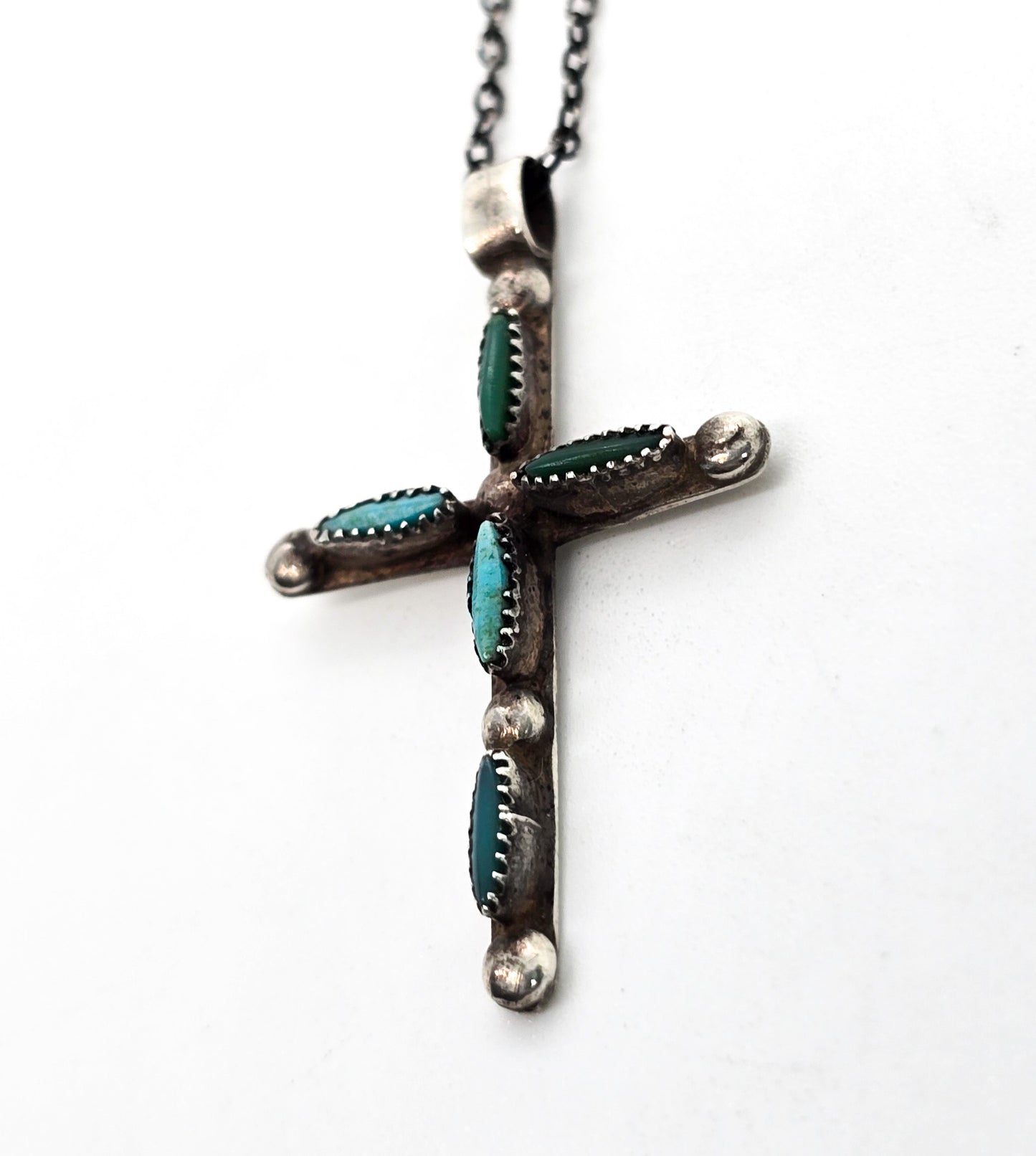 Native American Zuni petite point small sterling silver vintage handcrafted cross necklace