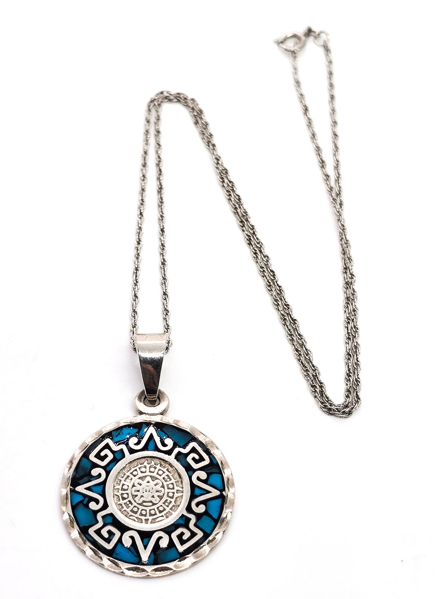 Aztec Calendar Taxco Mexico Turquoise chip inlay vintage sterling silver necklace