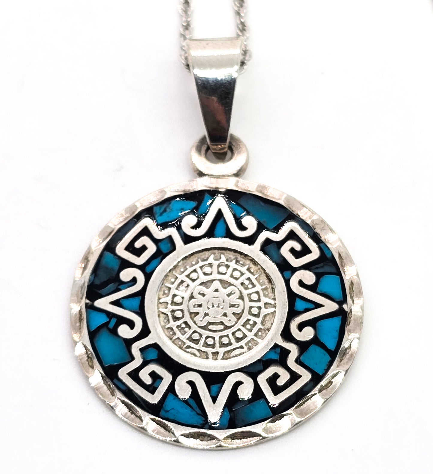 Aztec Calendar Taxco Mexico Turquoise chip inlay vintage sterling silver necklace