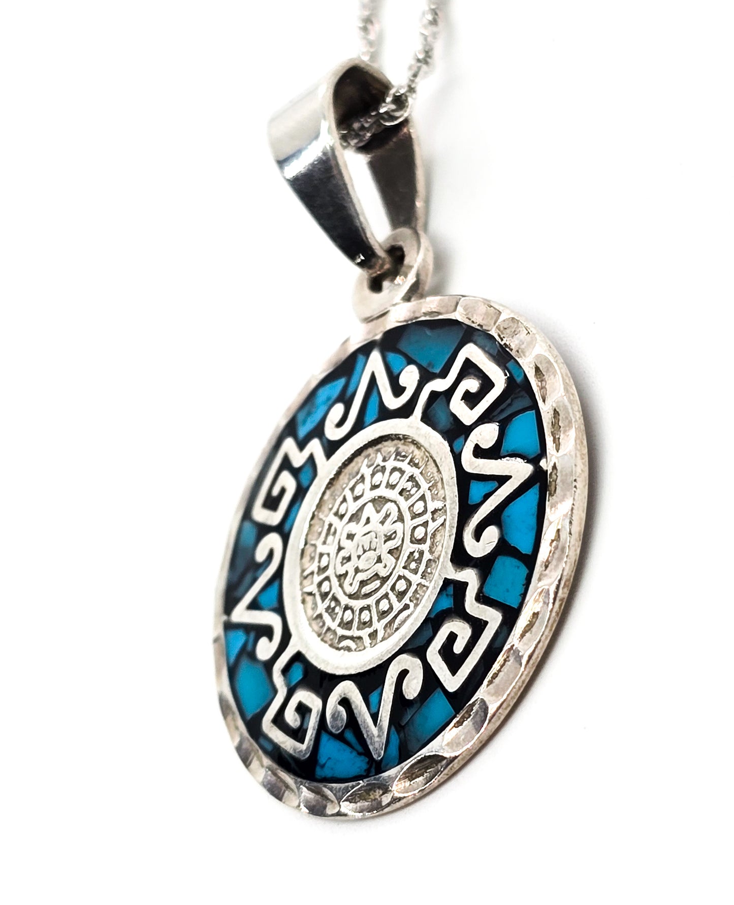 Aztec Calendar Taxco Mexico Turquoise chip inlay vintage sterling silver necklace