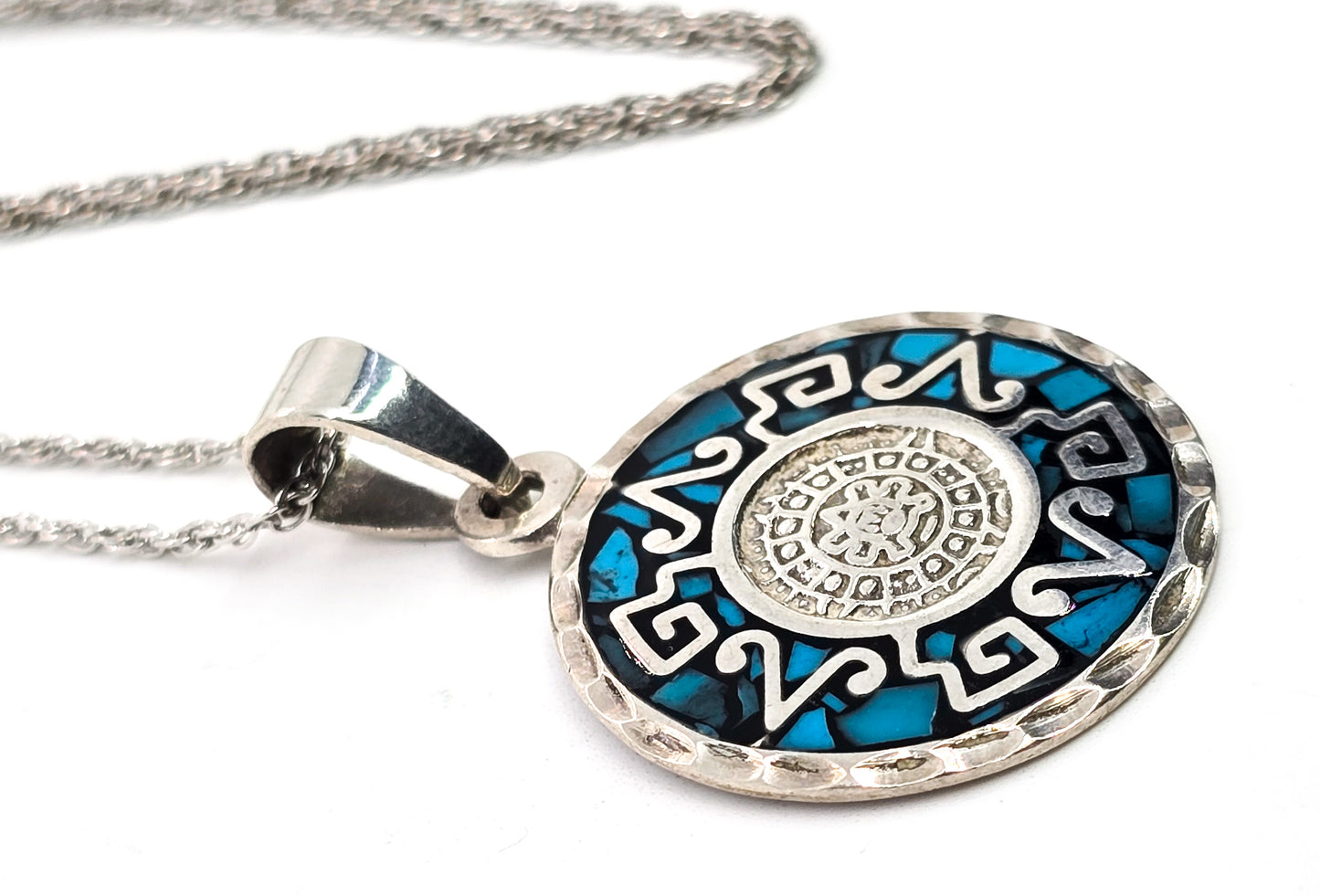 Aztec Calendar Taxco Mexico Turquoise chip inlay vintage sterling silver necklace