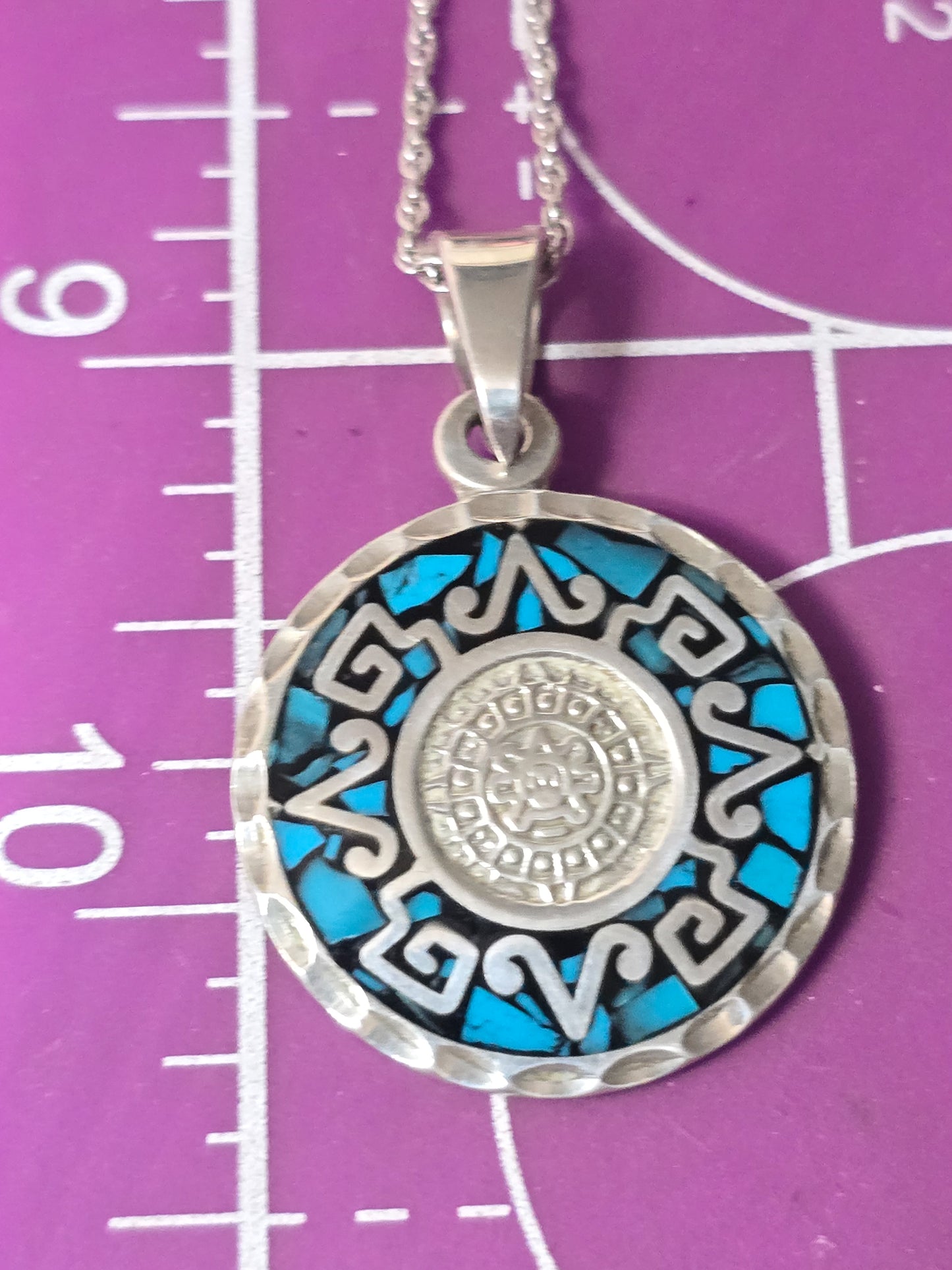 Aztec Calendar Taxco Mexico Turquoise chip inlay vintage sterling silver necklace