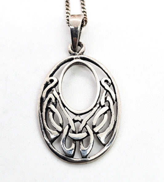 Celtic knot open work drop sterling silver decorated pendant necklace