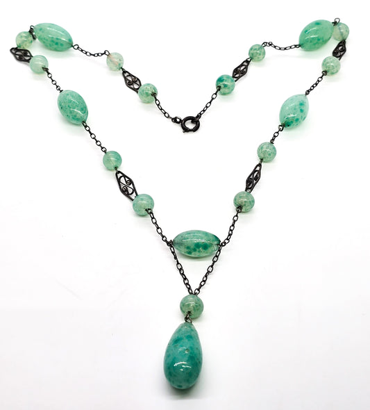 Art Deco green Czech glass beaded lavalier sterling silver antique stationary necklace