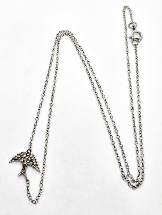 Swallow flying bird stationary pave Cubic Zirconia sterling silver necklace