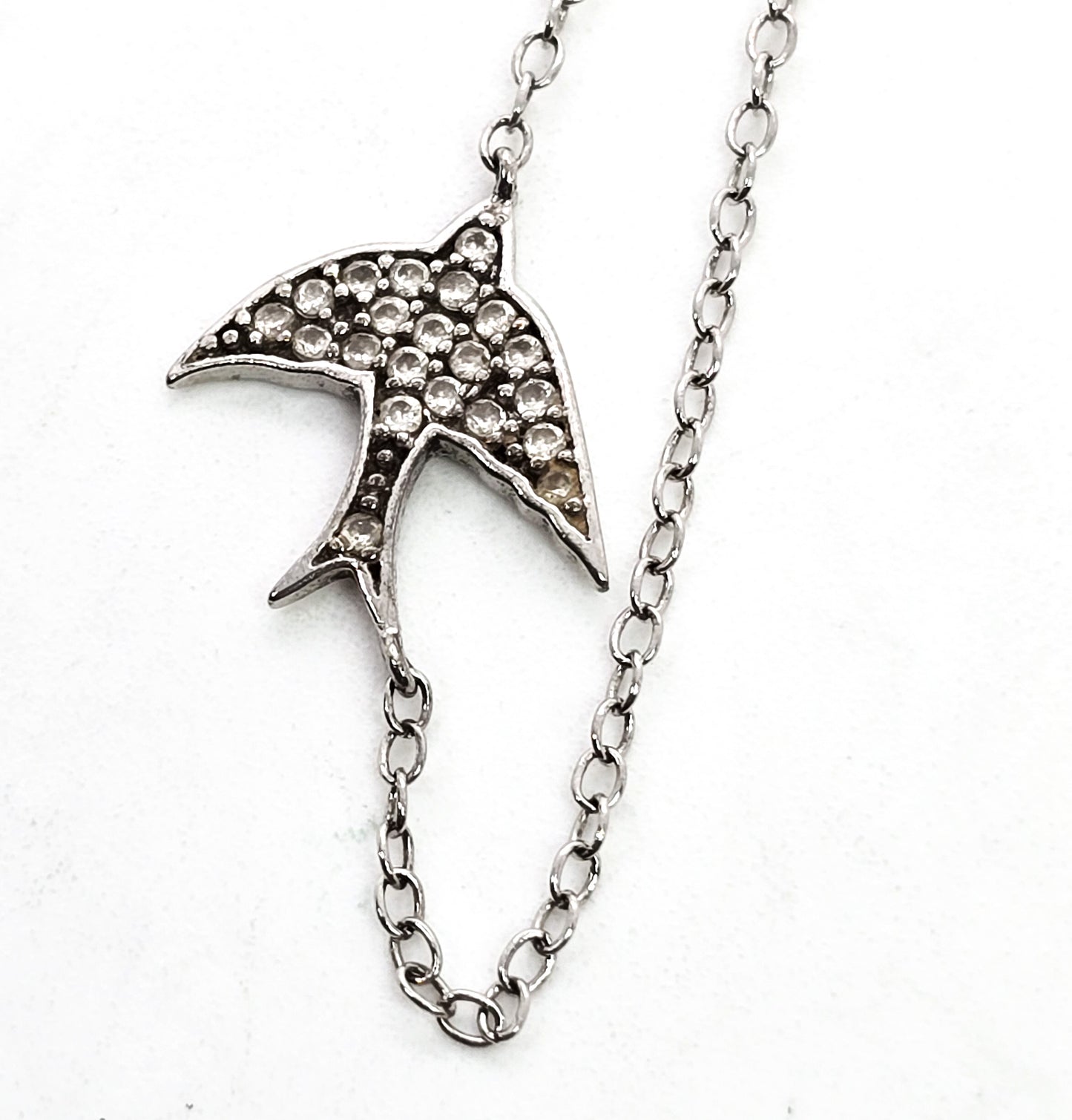 Swallow flying bird stationary pave Cubic Zirconia sterling silver necklace