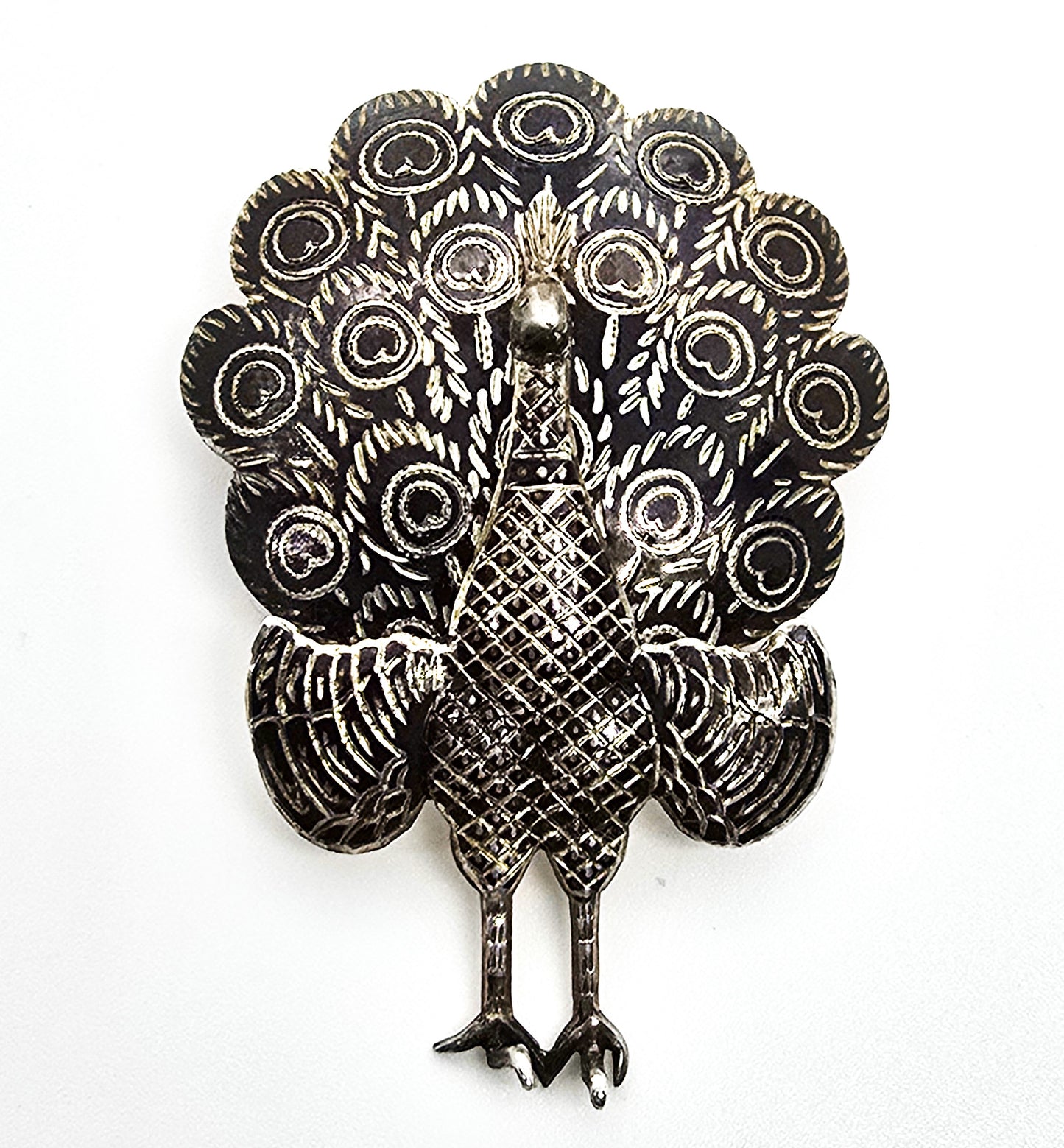 Siam peacock articulated bird nielloware black sterling silver vintage brooch