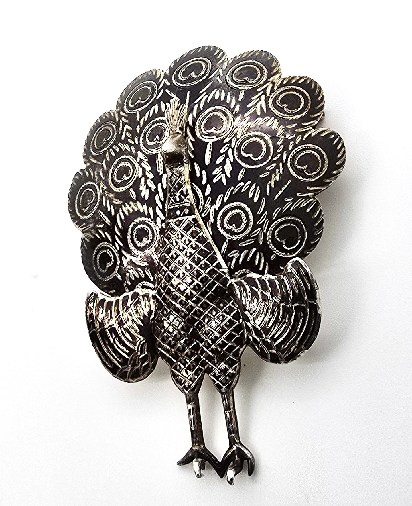 Siam peacock articulated bird nielloware black sterling silver vintage brooch