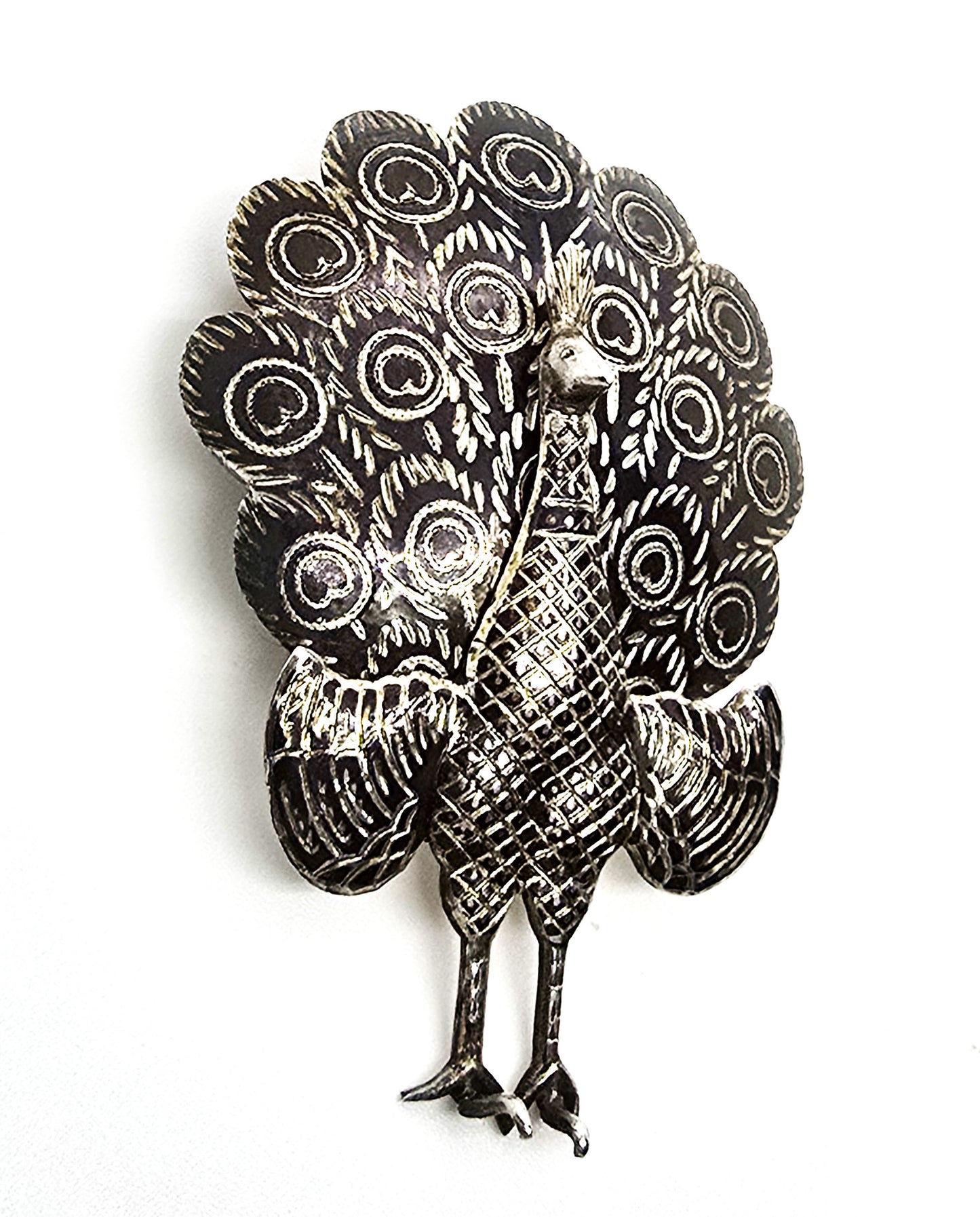 Siam peacock articulated bird nielloware black sterling silver vintage brooch