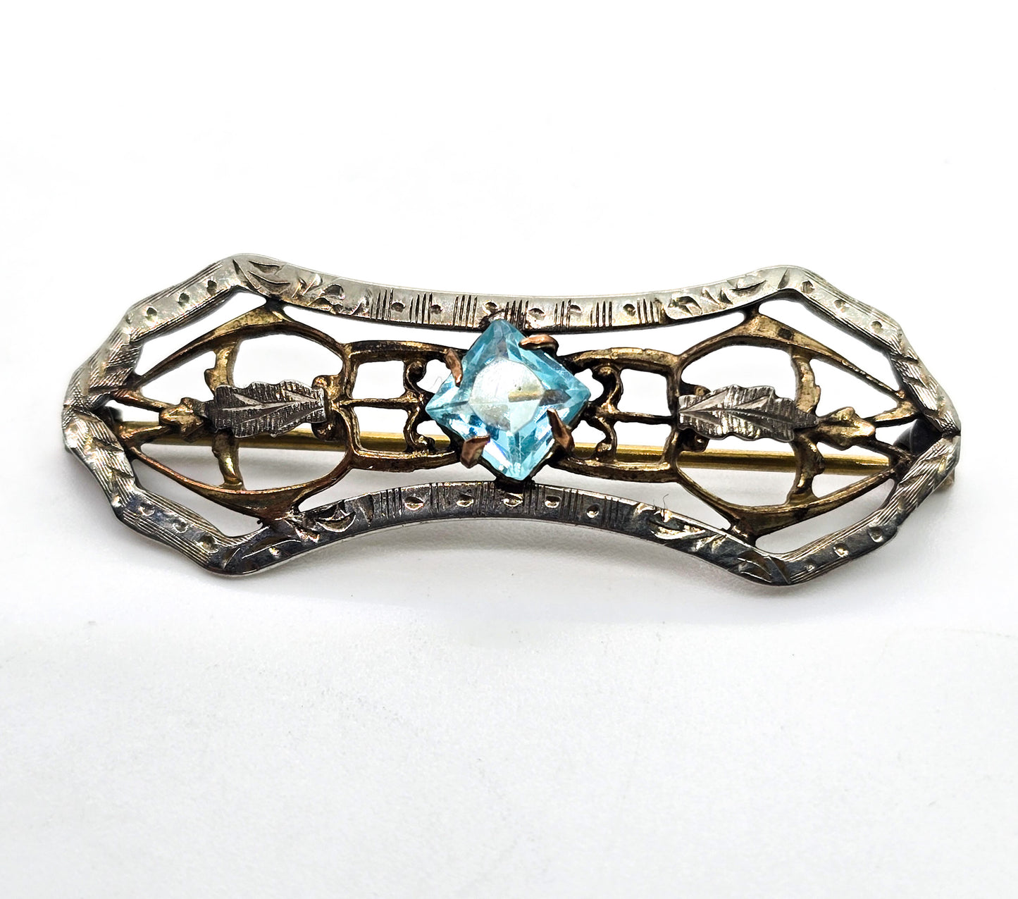 Art Nouveau Gold filled aqua blue princess paste vintage silver plated brooch