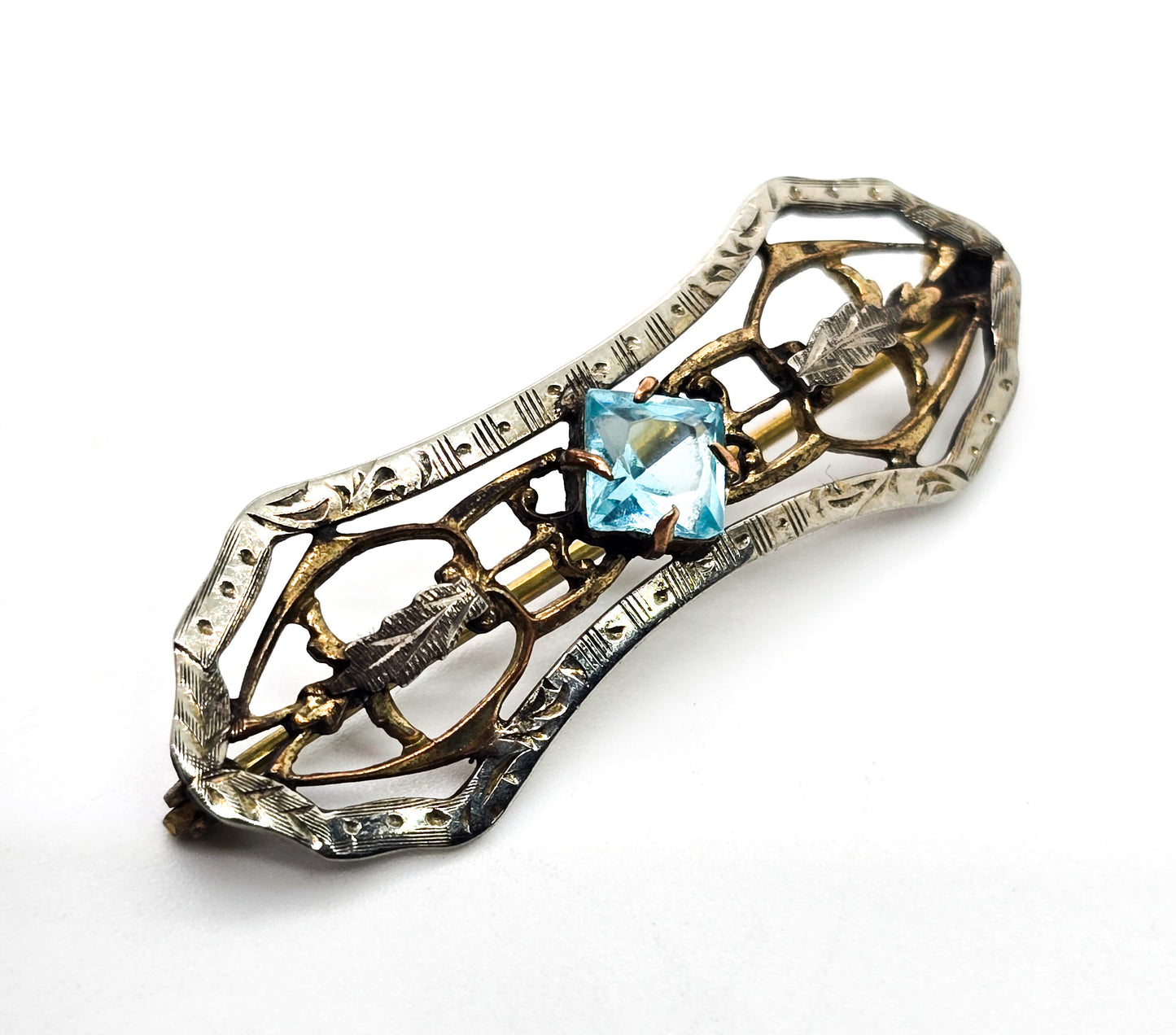 Art Nouveau Gold filled aqua blue princess paste vintage silver plated brooch