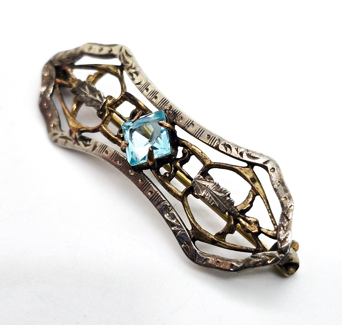 Art Nouveau Gold filled aqua blue princess paste vintage silver plated brooch