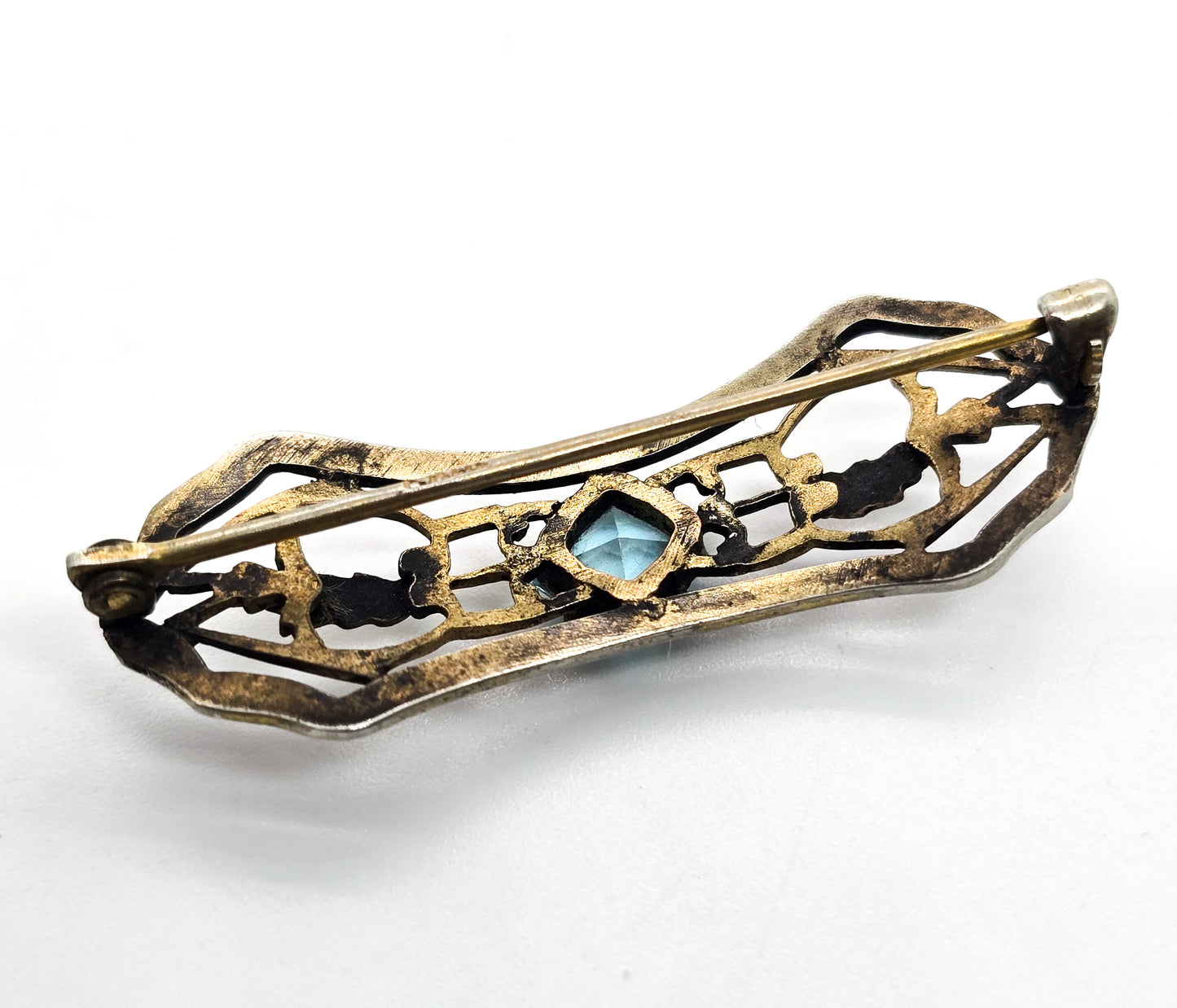 Art Nouveau Gold filled aqua blue princess paste vintage silver plated brooch