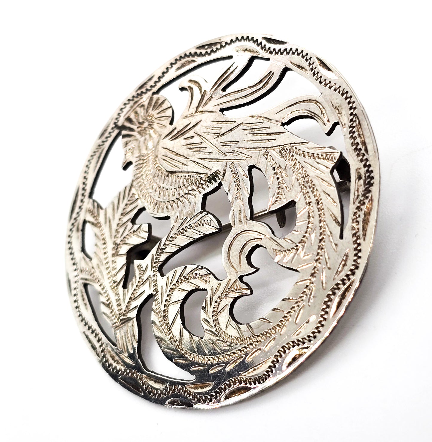 Quetzal Guatemala Bird etched vintage sterling silver 900 circle brooch