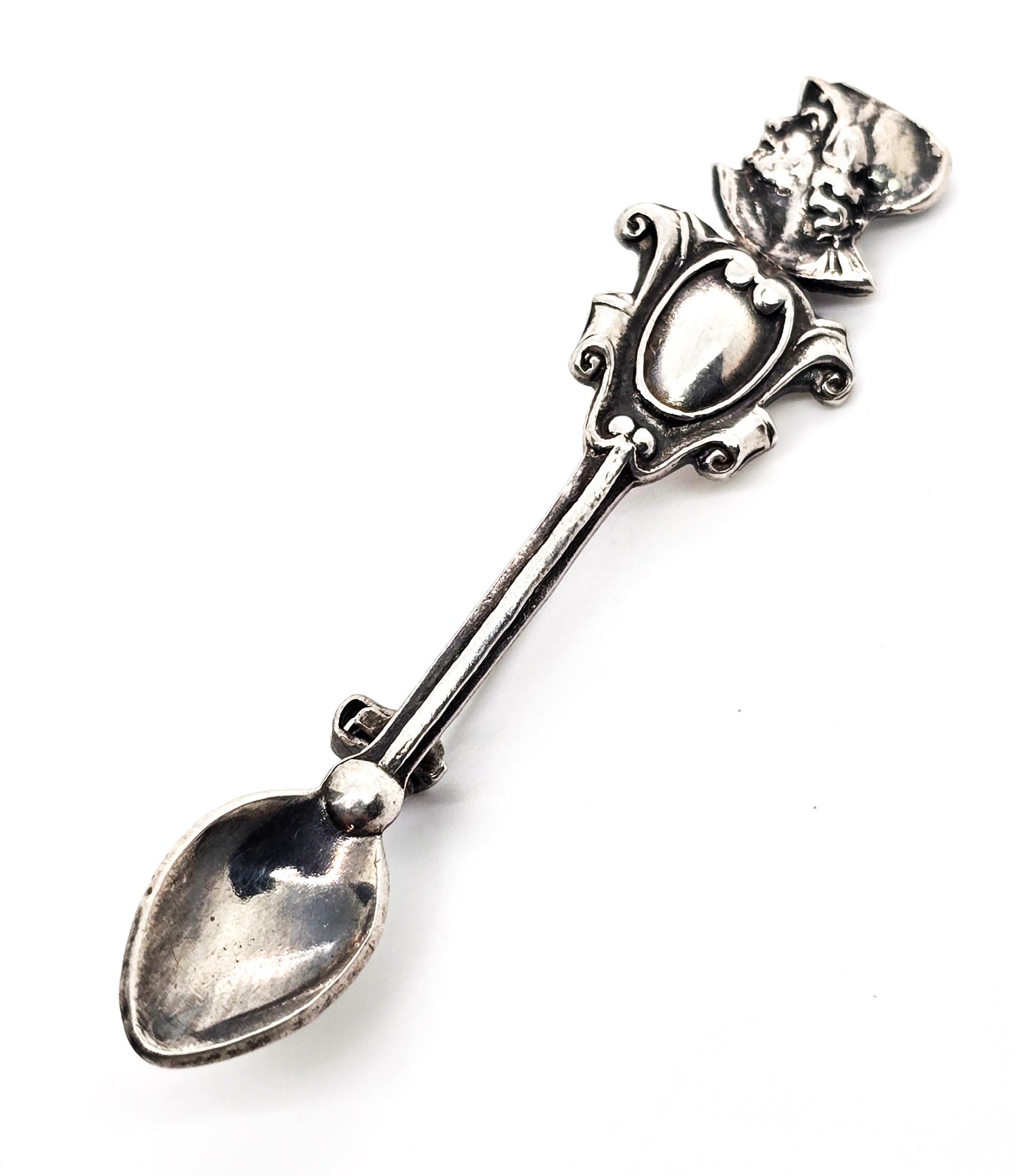 Heraldic knight shield vintage sterling silver spoon brooch