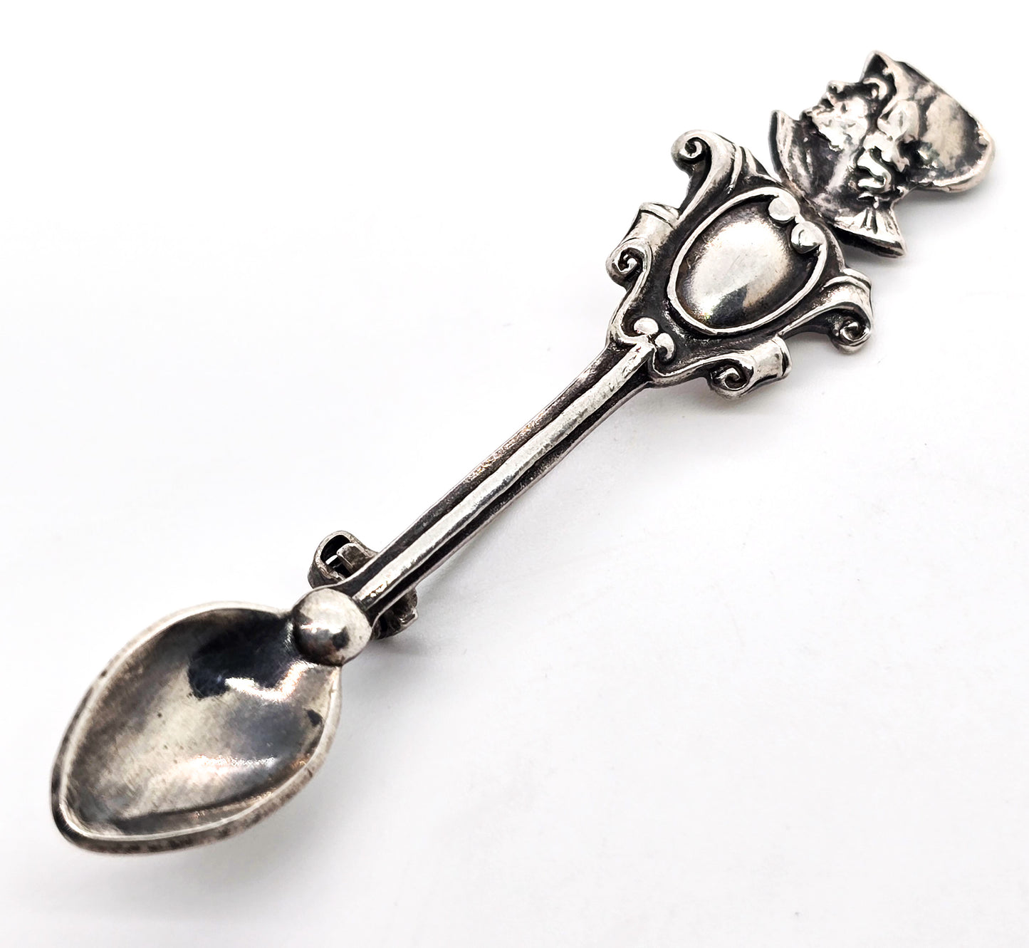 Heraldic knight shield vintage sterling silver spoon brooch