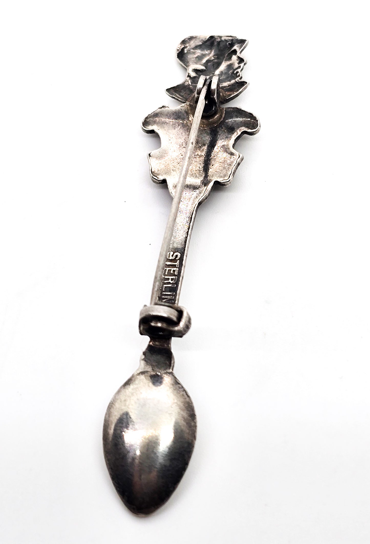 Heraldic knight shield vintage sterling silver spoon brooch