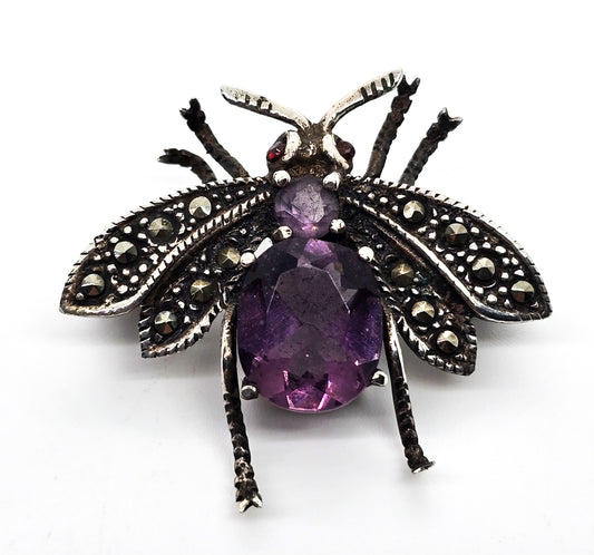 Purple synthetic Amethyst marcasite sterling silver bee figural vintage insect brooch