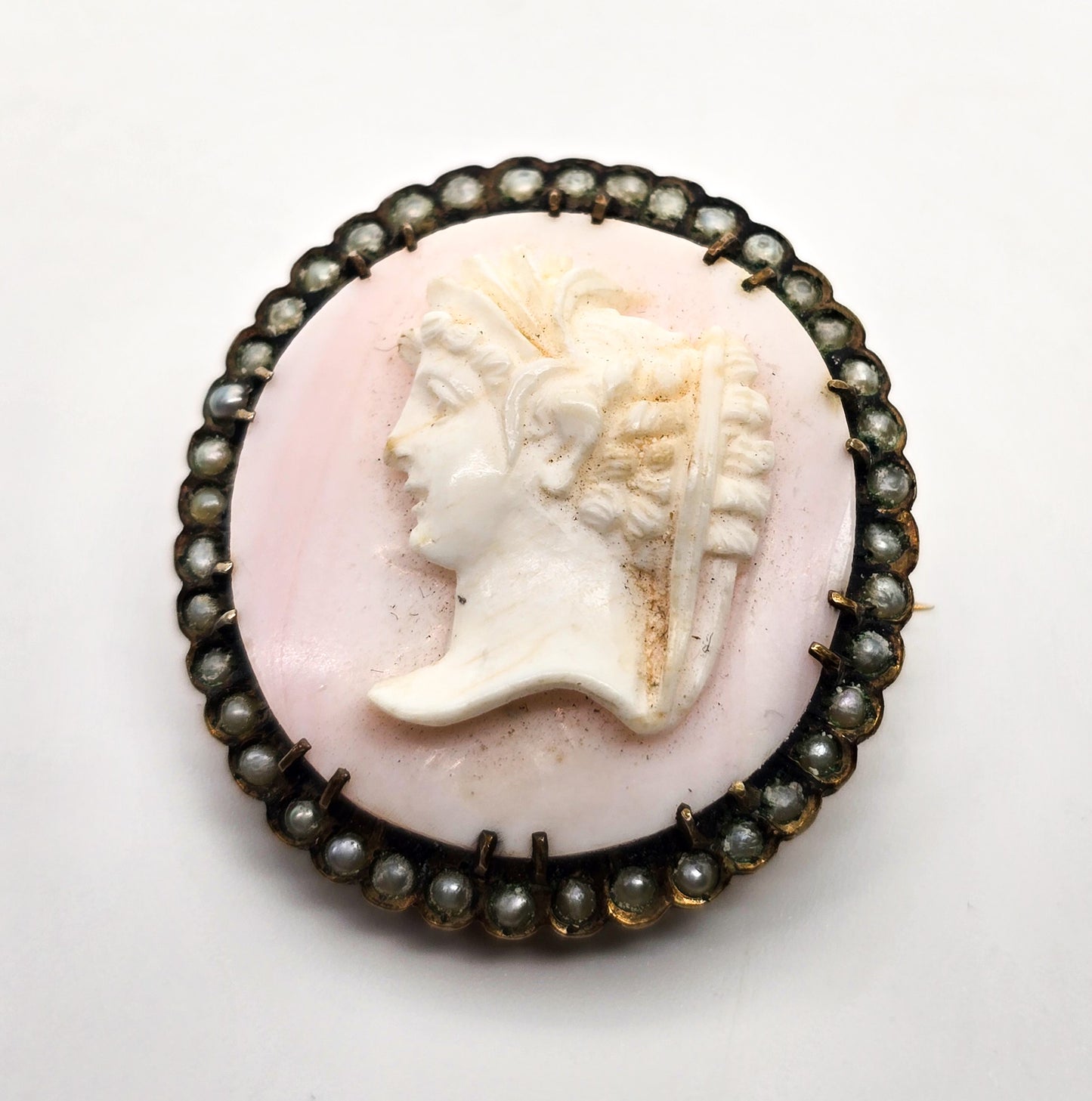 Victorian Pink Angel Skin Coral Carved Cameo seed pearl vermeil sterling brooch