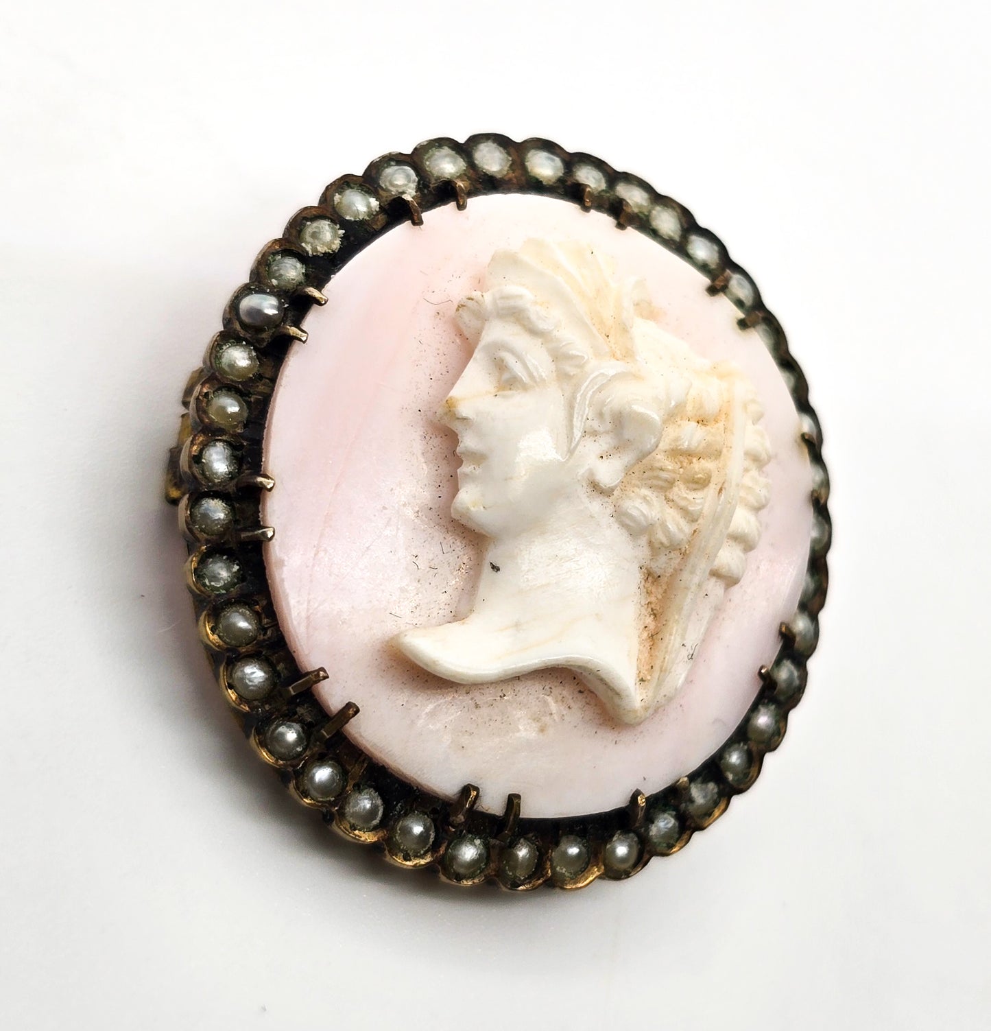 Victorian Pink Angel Skin Coral Carved Cameo seed pearl vermeil sterling brooch