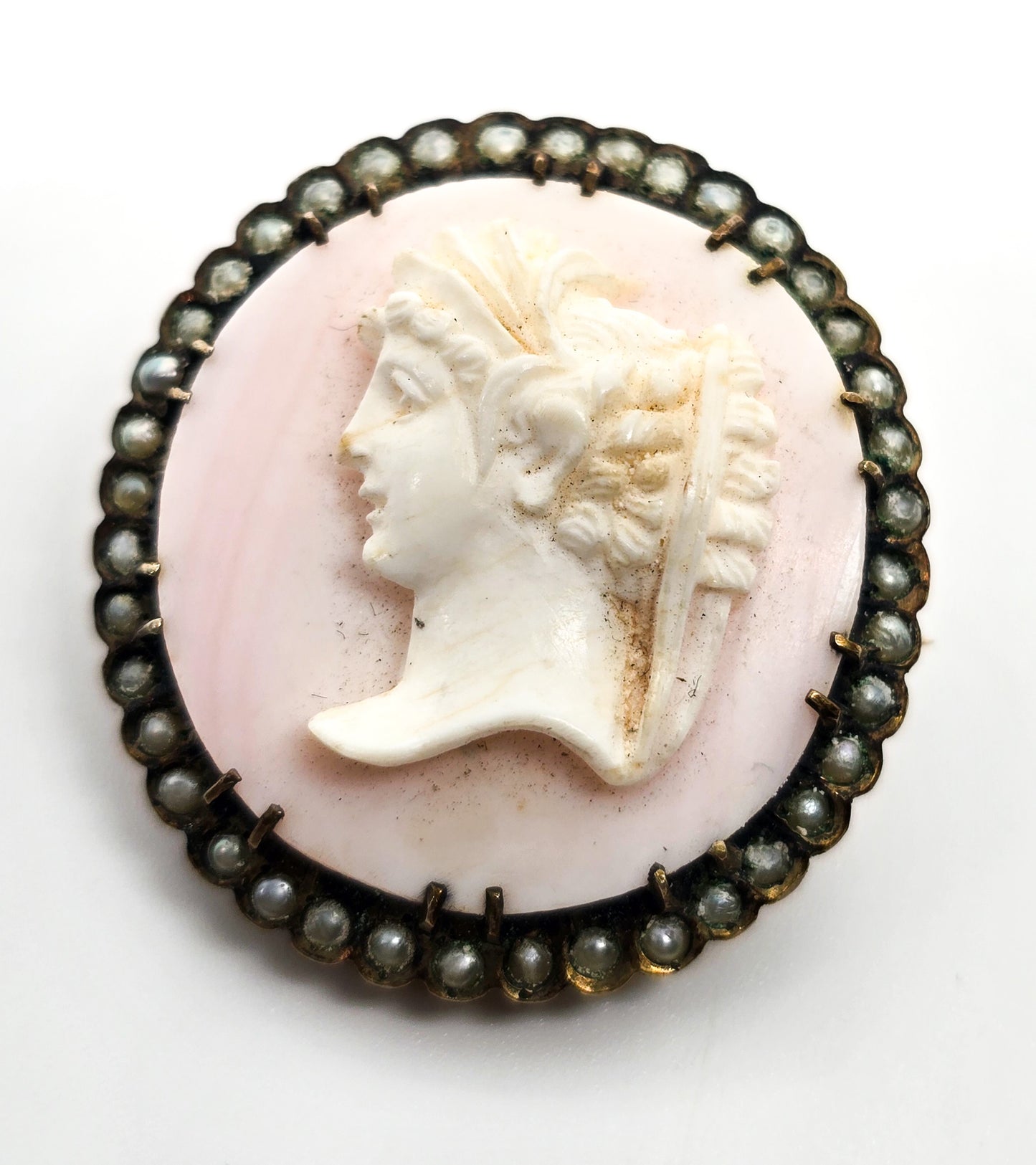 Victorian Pink Angel Skin Coral Carved Cameo seed pearl vermeil sterling brooch