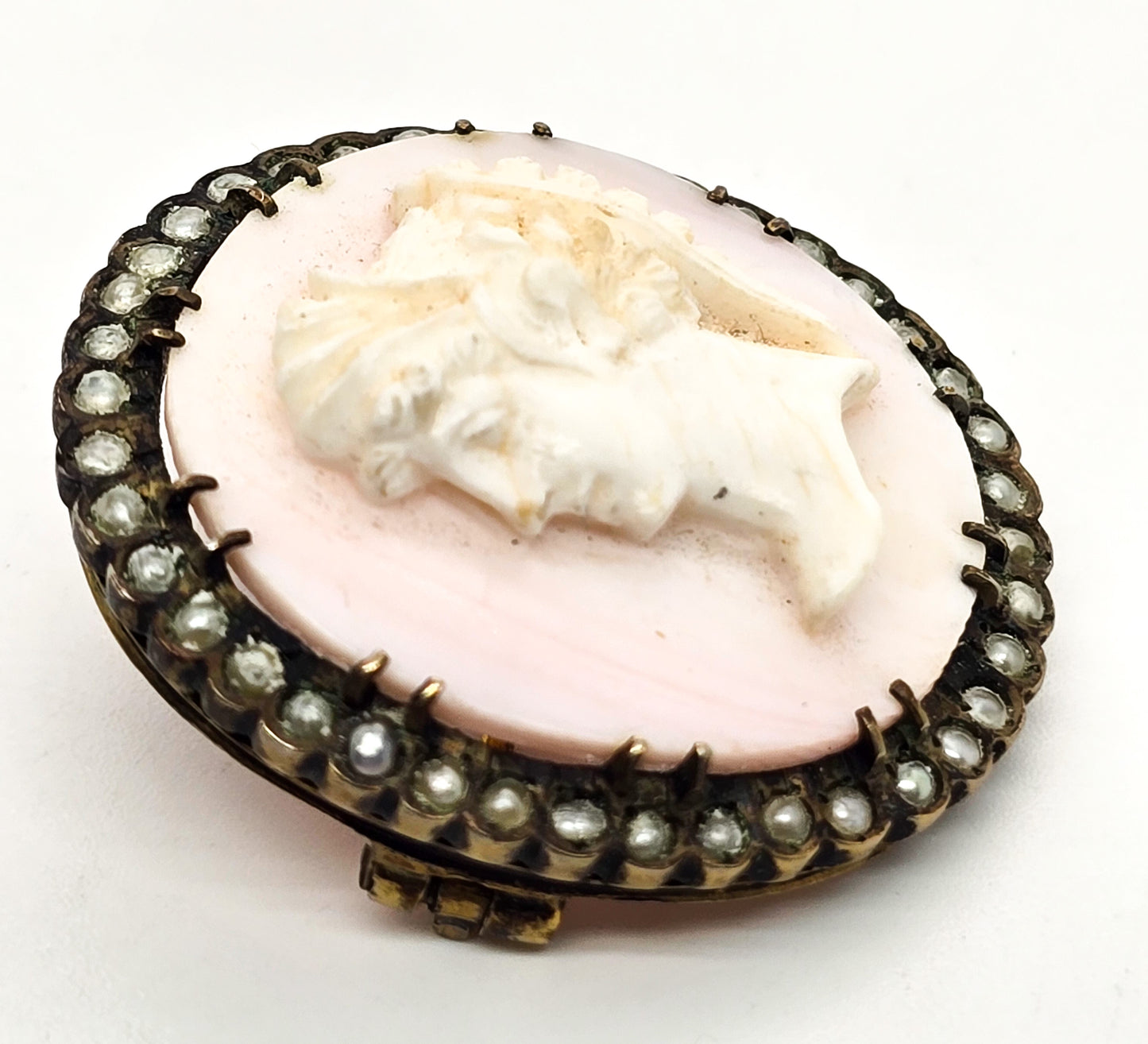 Victorian Pink Angel Skin Coral Carved Cameo seed pearl vermeil sterling brooch