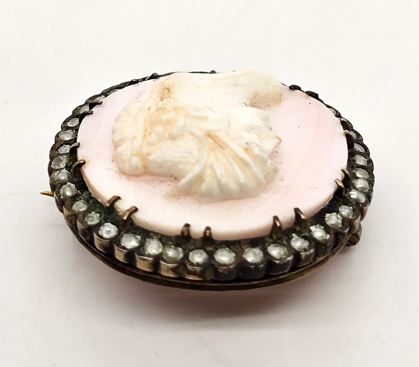 Victorian Pink Angel Skin Coral Carved Cameo seed pearl vermeil sterling brooch